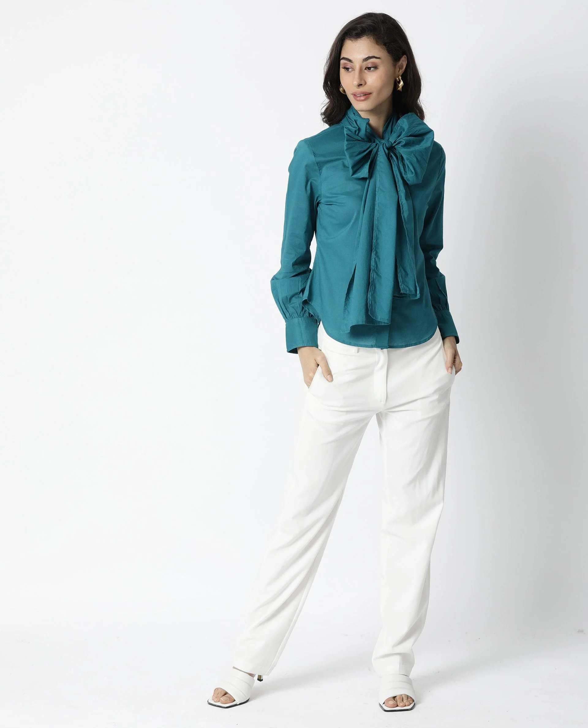 Rareism Women's Flame Petrol Cotton V-Neck Plain Tailored Top - Image 4