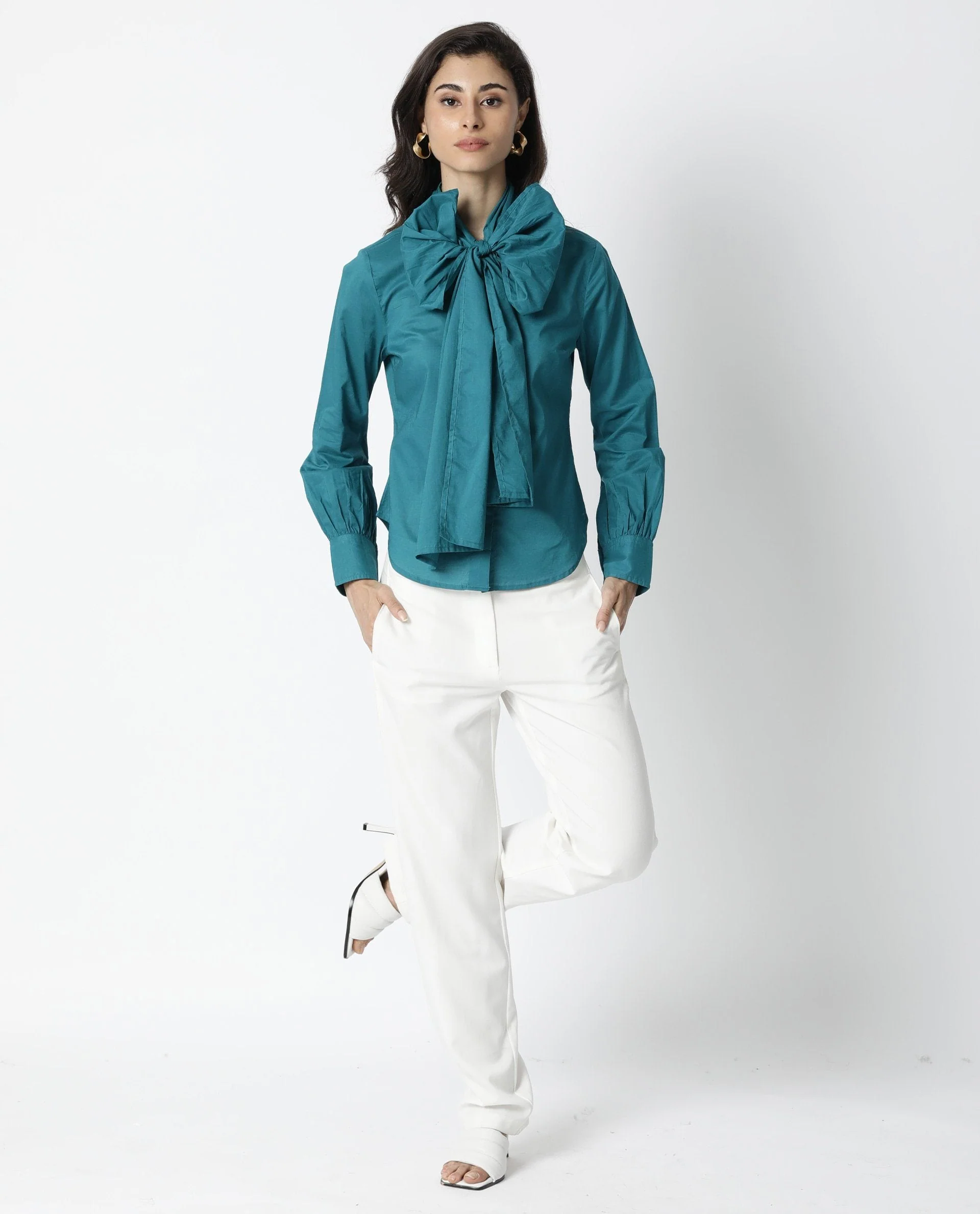 Rareism Women's Flame Petrol Cotton V-Neck Plain Tailored Top - Image 5