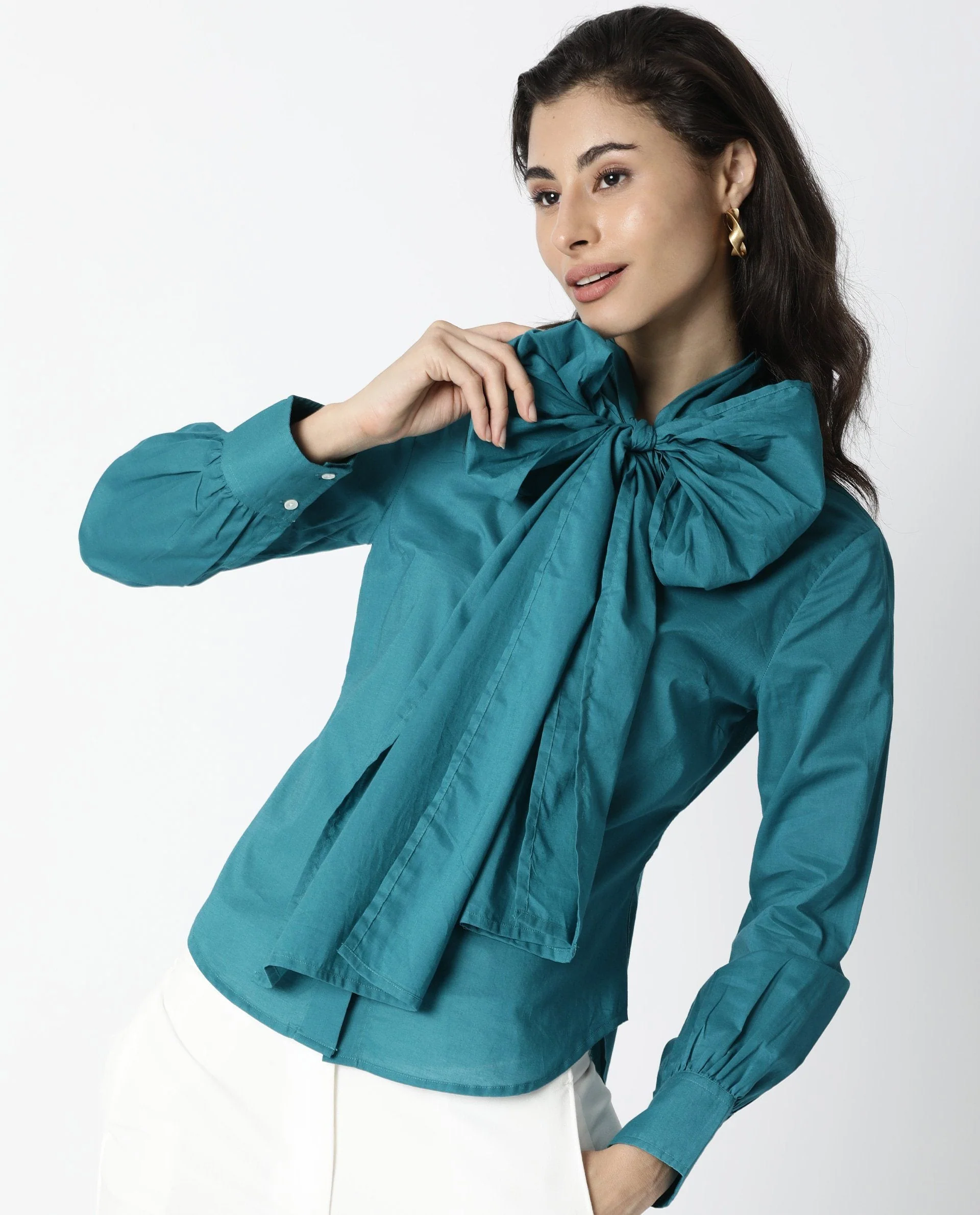 Rareism Women's Flame Petrol Cotton V-Neck Plain Tailored Top - Image 6