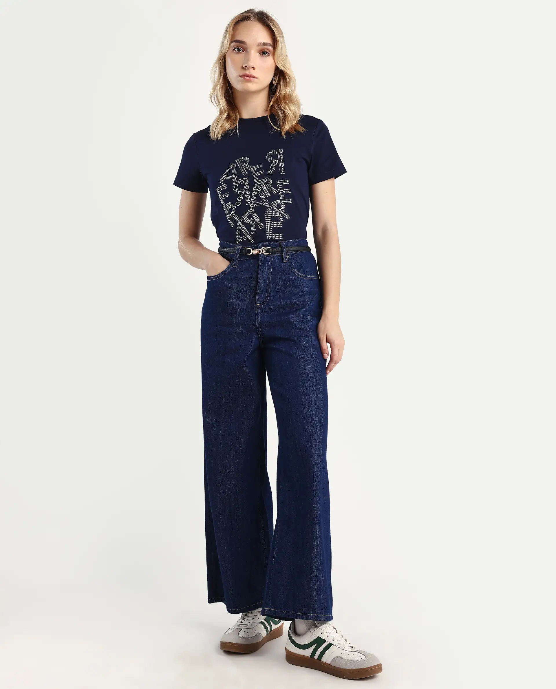 Rareism Women's Flank Dark Navy Cotton Blend Crew Neck Graphic Print Regular Fit T-Shirt - Image 2