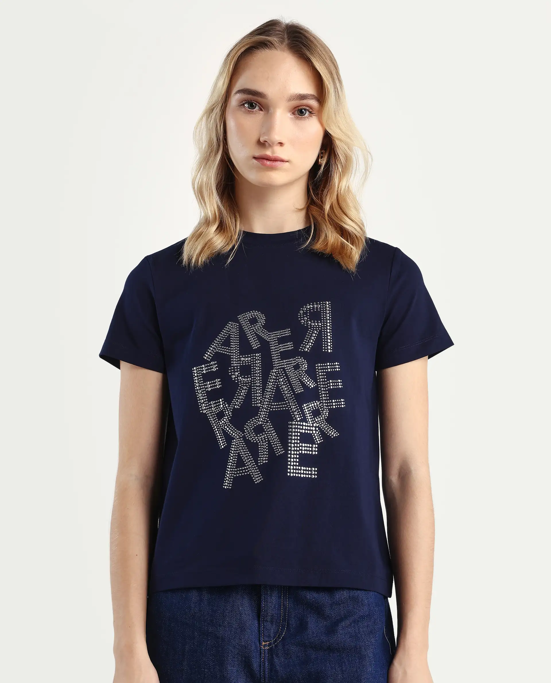 Rareism Women's Flank Dark Navy Cotton Blend Crew Neck Graphic Print Regular Fit T-Shirt - Image 3