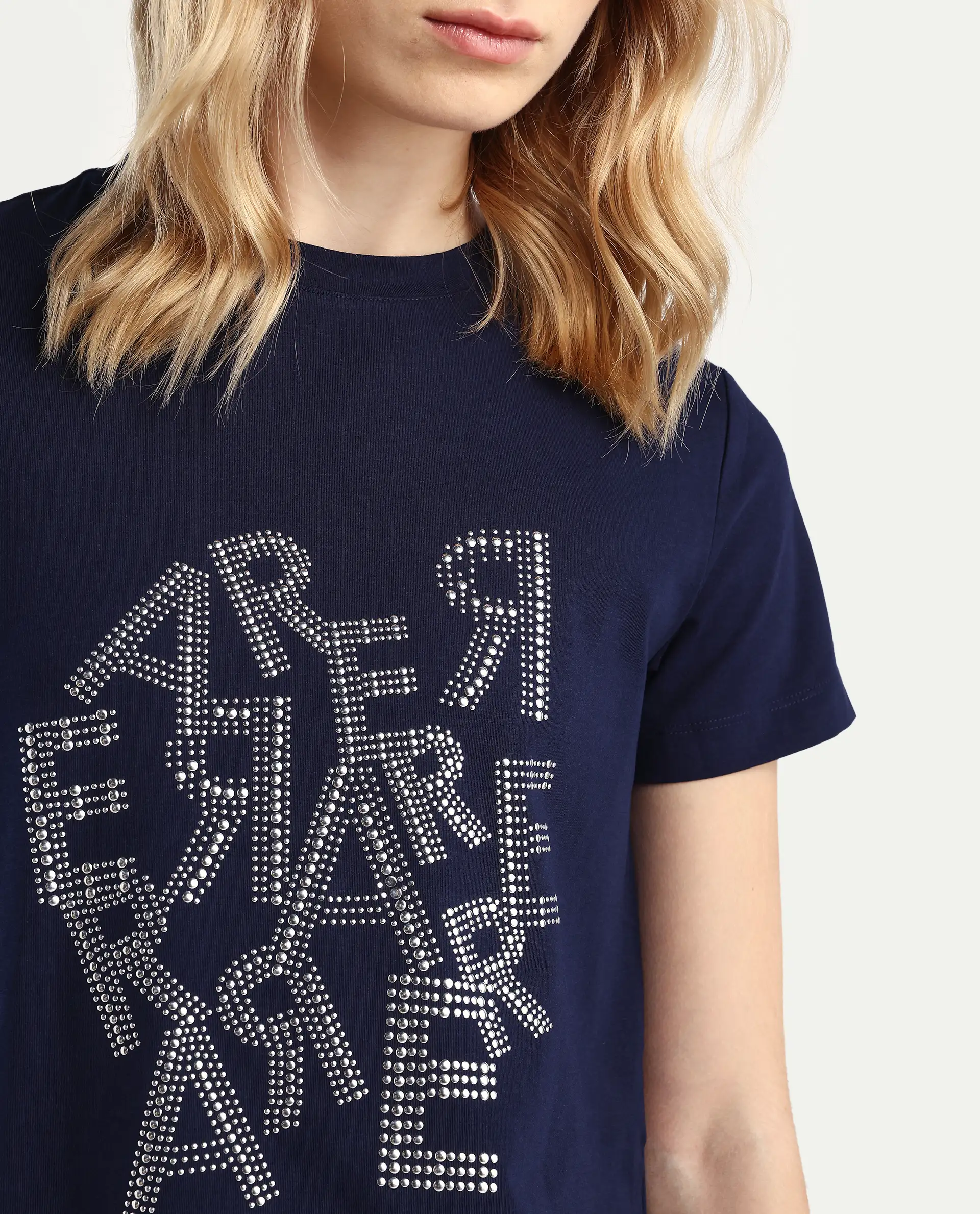 Rareism Women's Flank Dark Navy Cotton Blend Crew Neck Graphic Print Regular Fit T-Shirt - Image 4