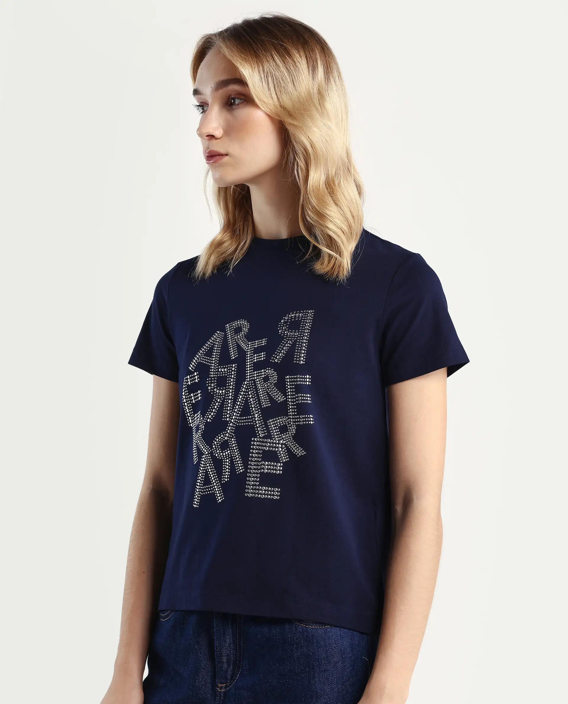 Rareism Women's Flank Dark Navy Cotton Blend Crew Neck Graphic Print Regular Fit T-Shirt - Image 5