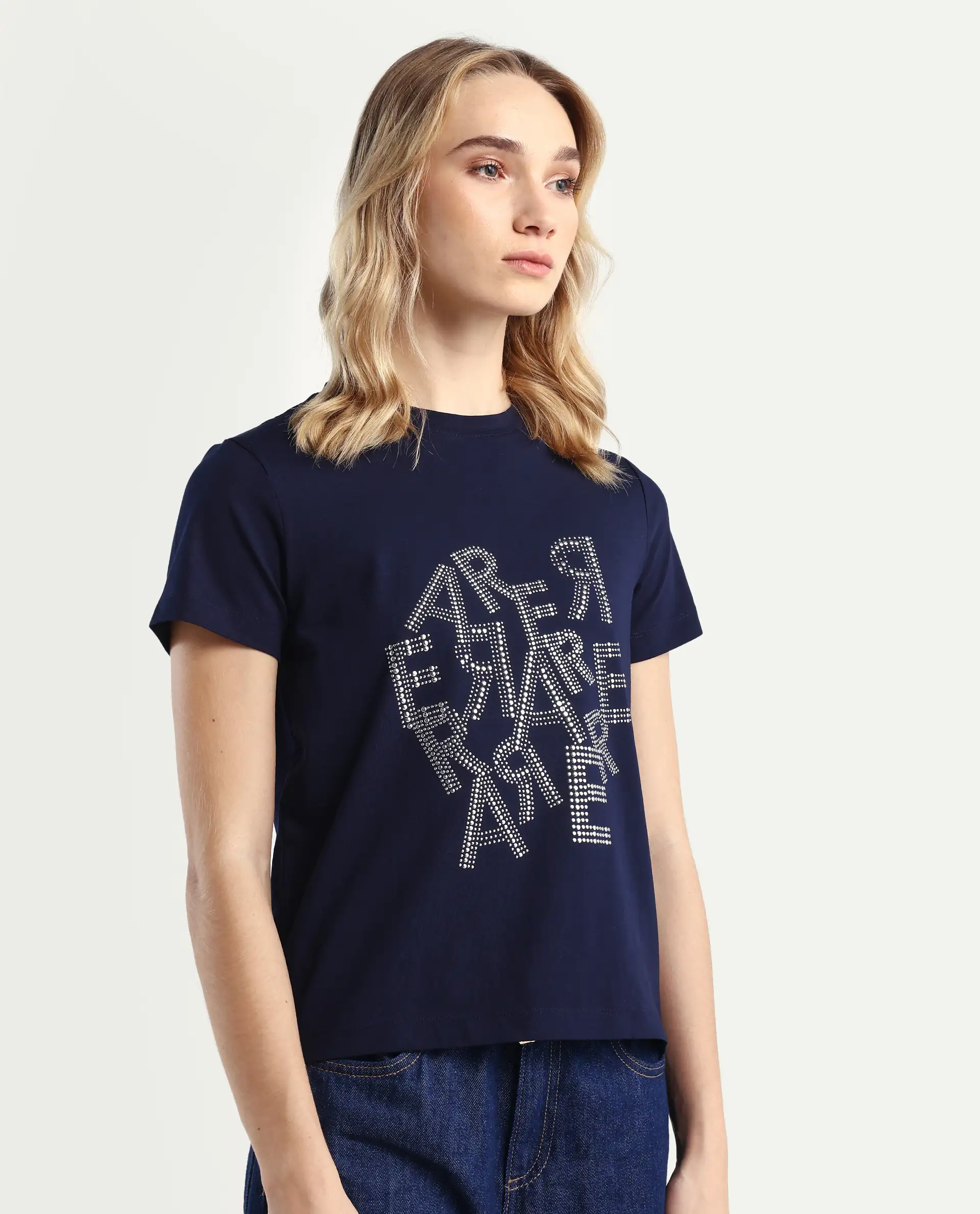 Rareism Women's Flank Dark Navy Cotton Blend Crew Neck Graphic Print Regular Fit T-Shirt - Image 6
