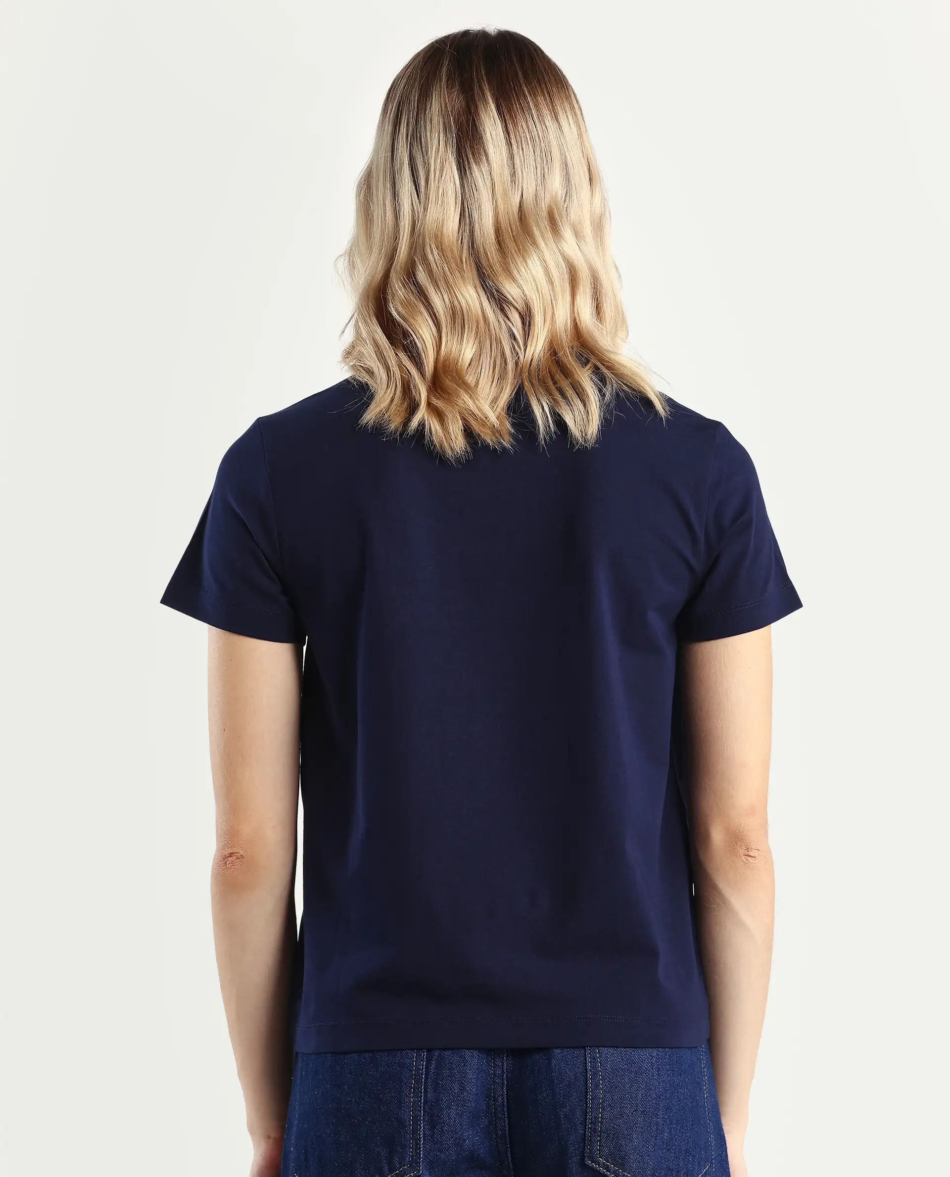 Rareism Women's Flank Dark Navy Cotton Blend Crew Neck Graphic Print Regular Fit T-Shirt - Image 7