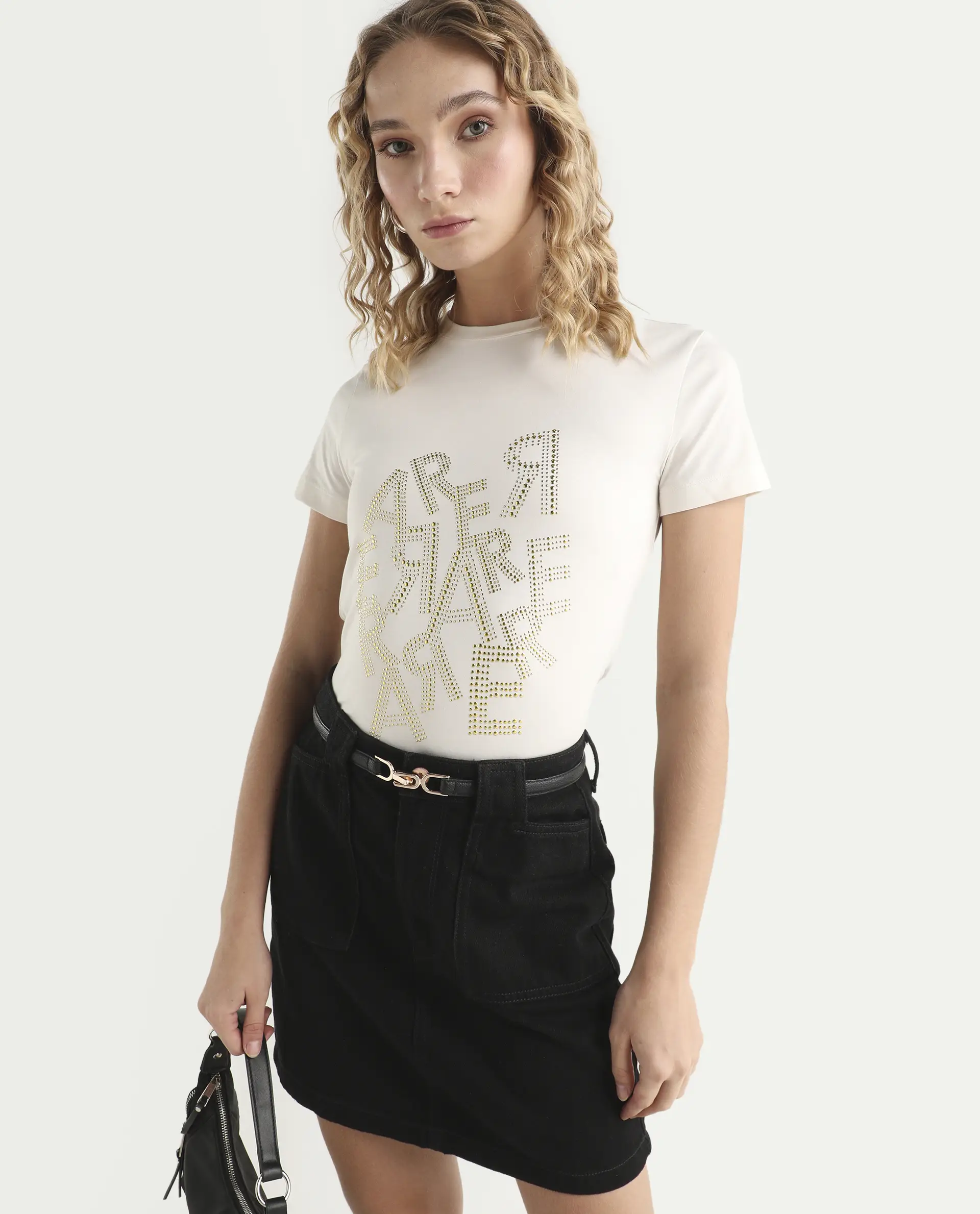 Rareism Women's Flank Off White Cotton Blend Crew Neck Graphic Print Regular Fit T-Shirt