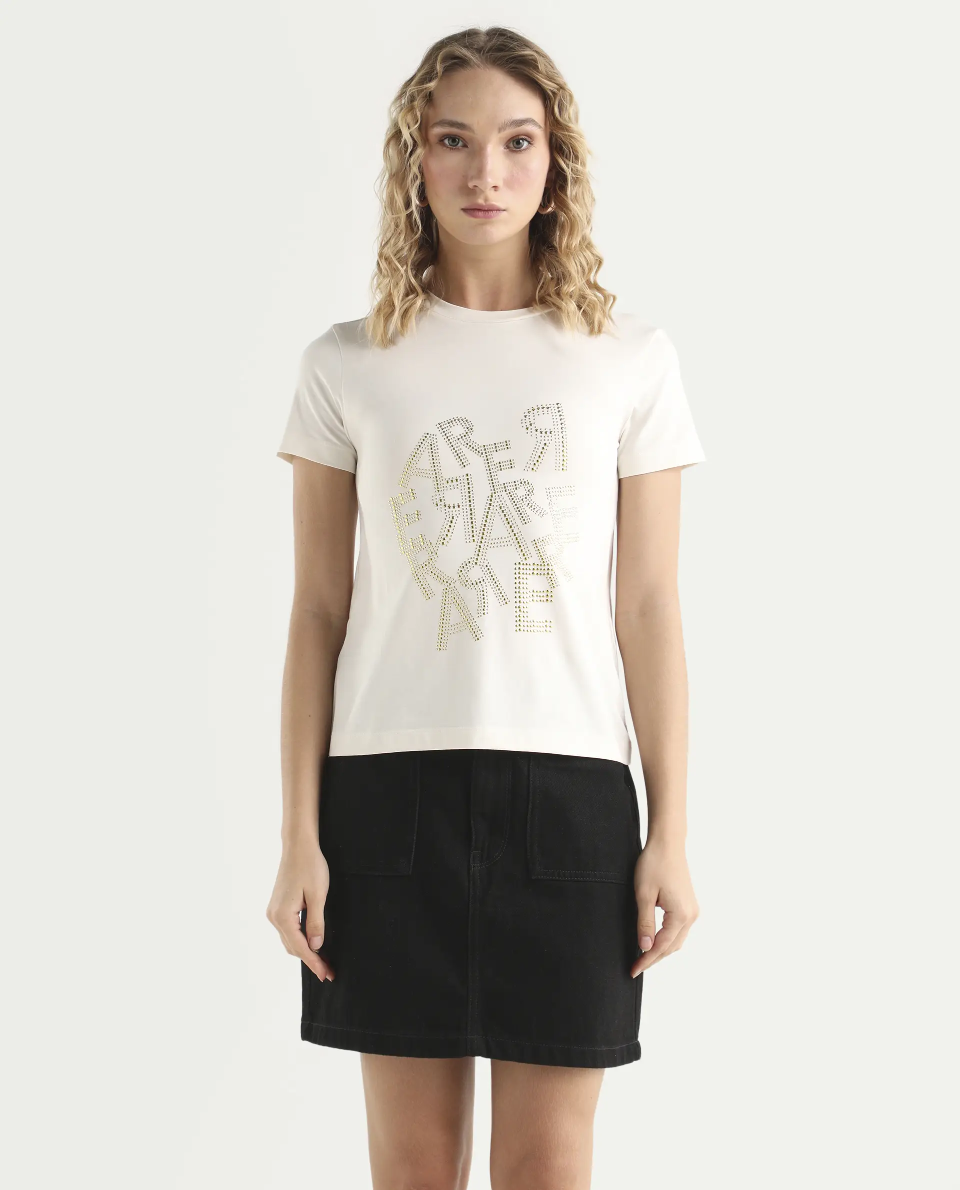 Rareism Women's Flank Off White Cotton Blend Crew Neck Graphic Print Regular Fit T-Shirt - Image 3