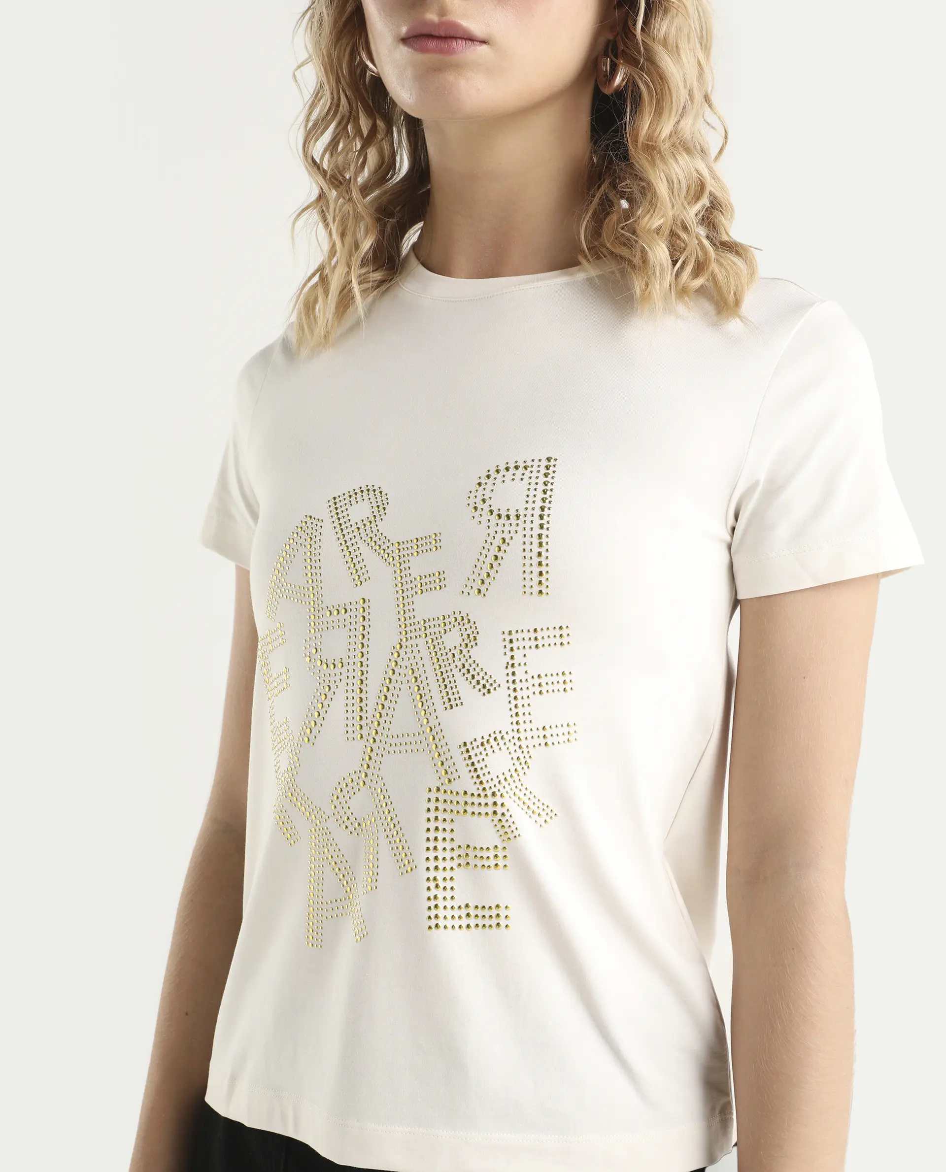Rareism Women's Flank Off White Cotton Blend Crew Neck Graphic Print Regular Fit T-Shirt - Image 4