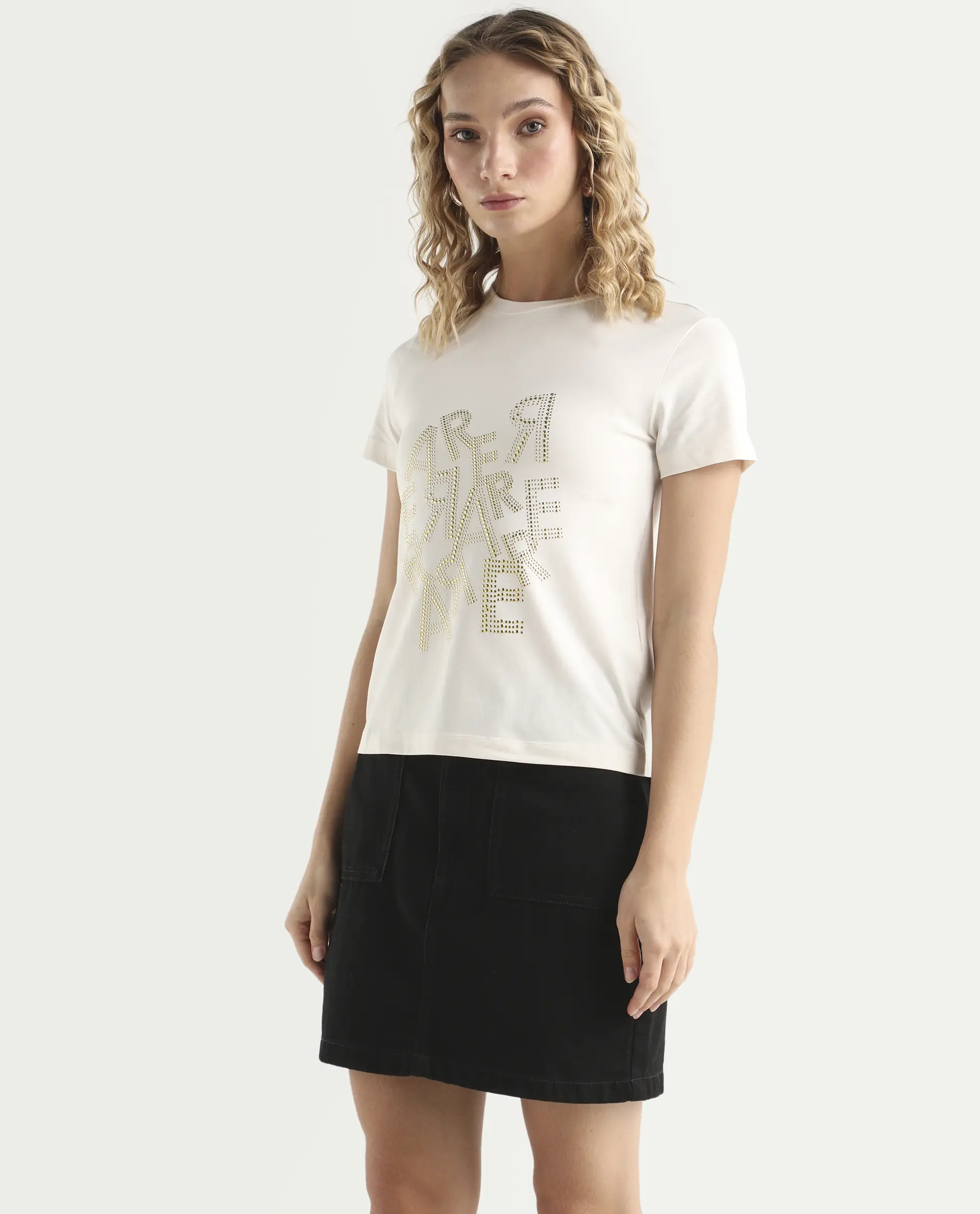 Rareism Women's Flank Off White Cotton Blend Crew Neck Graphic Print Regular Fit T-Shirt - Image 5