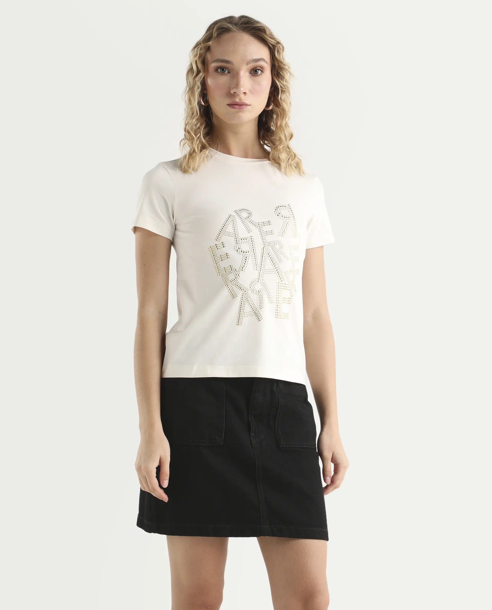 Rareism Women's Flank Off White Cotton Blend Crew Neck Graphic Print Regular Fit T-Shirt - Image 6