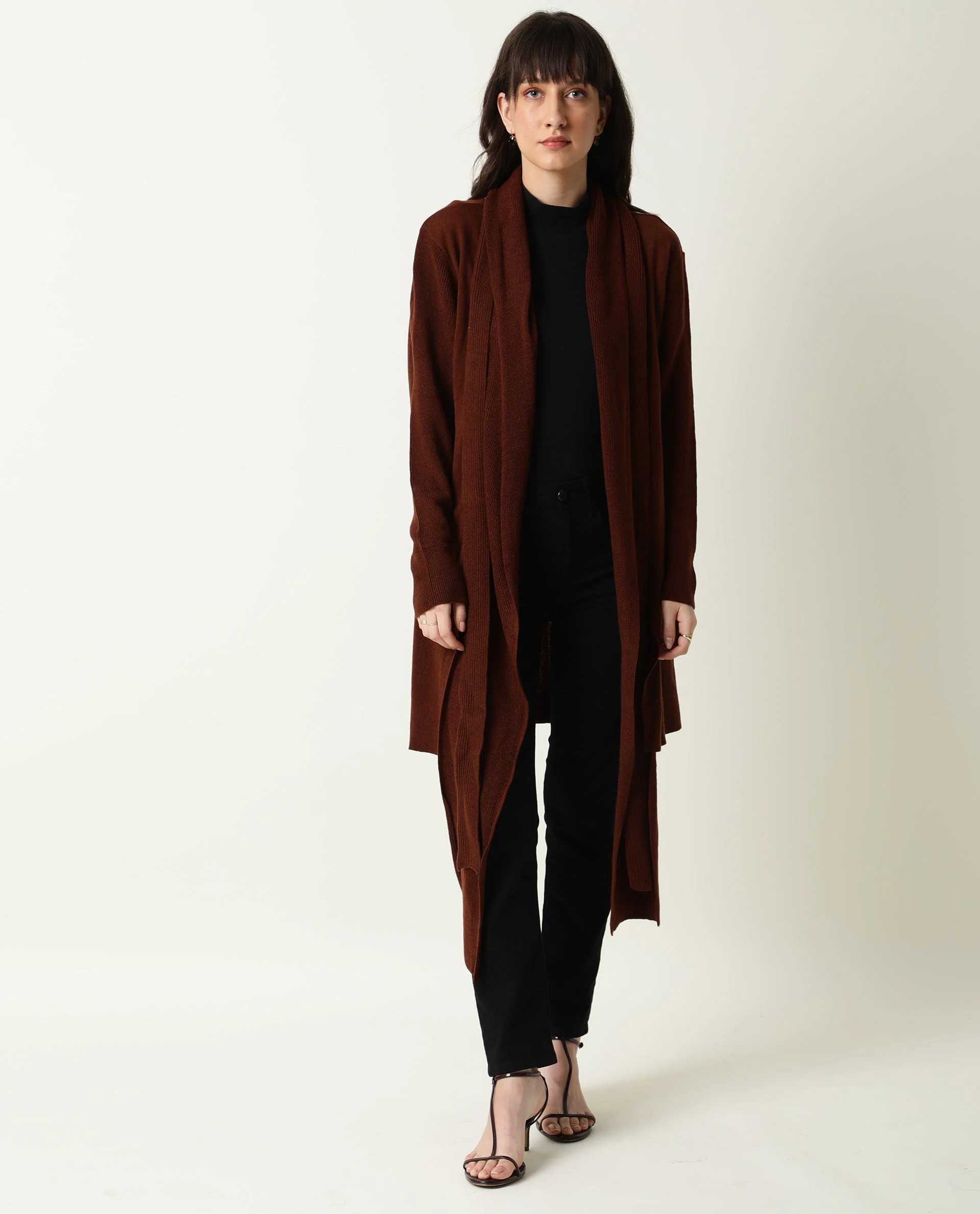 Rareism Women's Flap Brown Acrylic Collarless Plain Knee Length Regular Fit Sweater