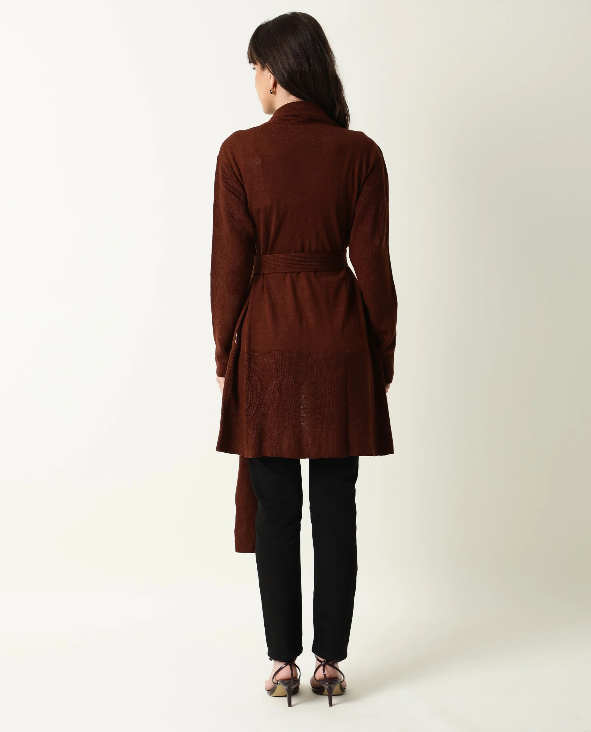 Rareism Women's Flap Brown Acrylic Collarless Plain Knee Length Regular Fit Sweater - Image 10