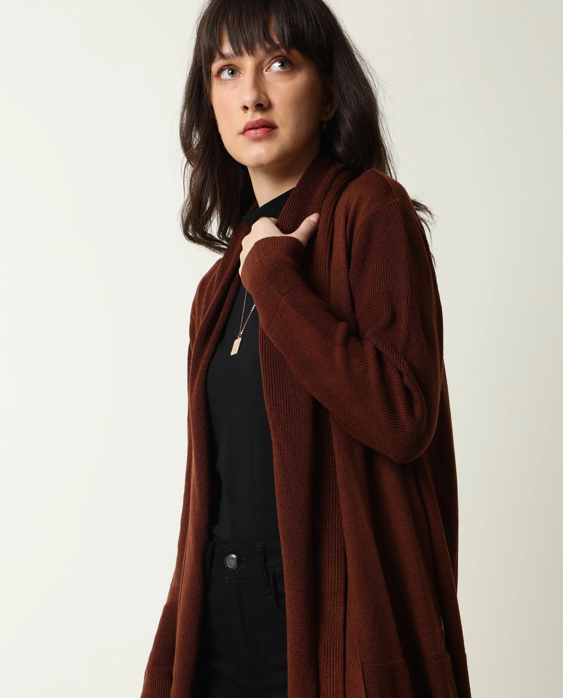 Rareism Women's Flap Brown Acrylic Collarless Plain Knee Length Regular Fit Sweater - Image 2