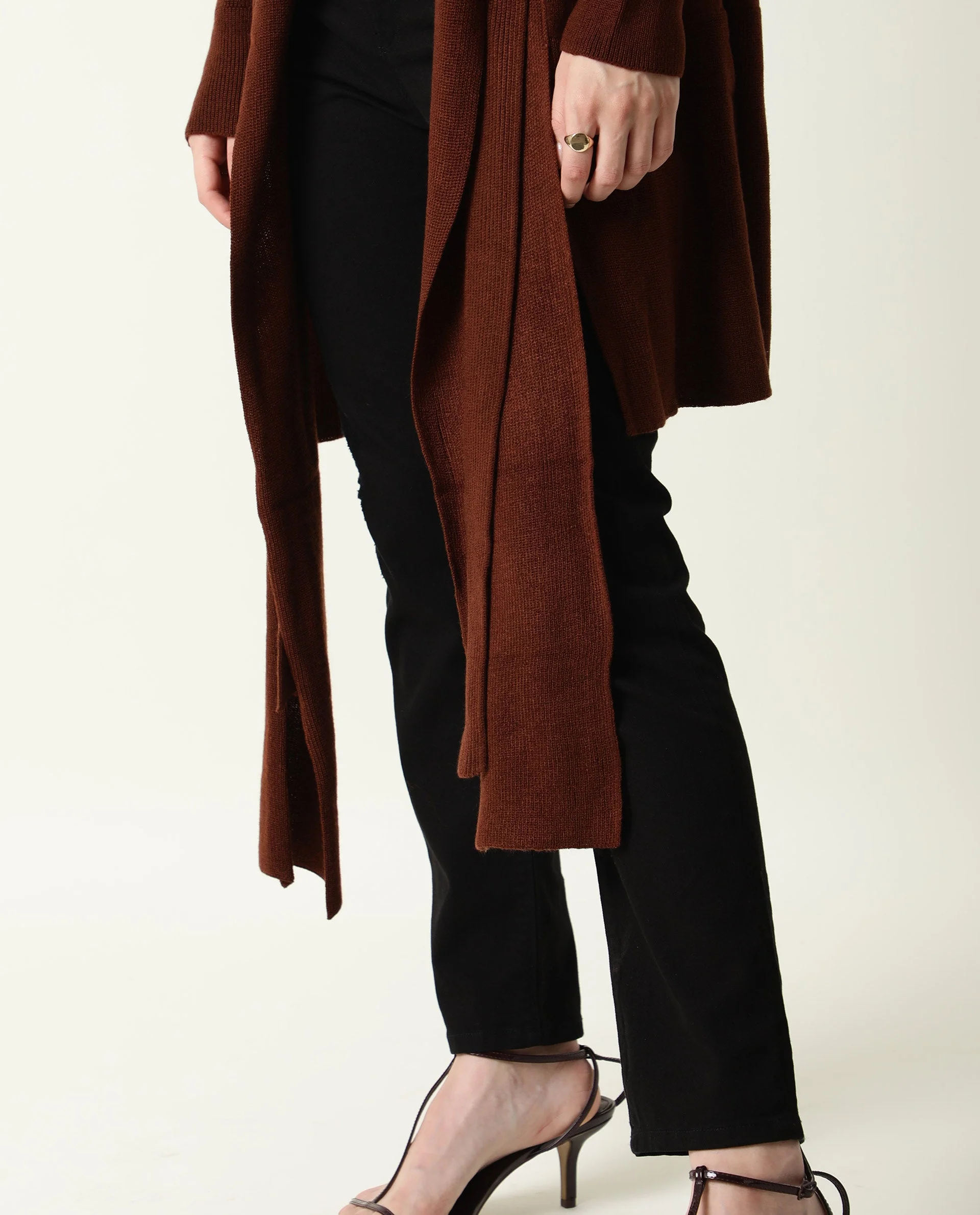 Rareism Women's Flap Brown Acrylic Collarless Plain Knee Length Regular Fit Sweater - Image 3