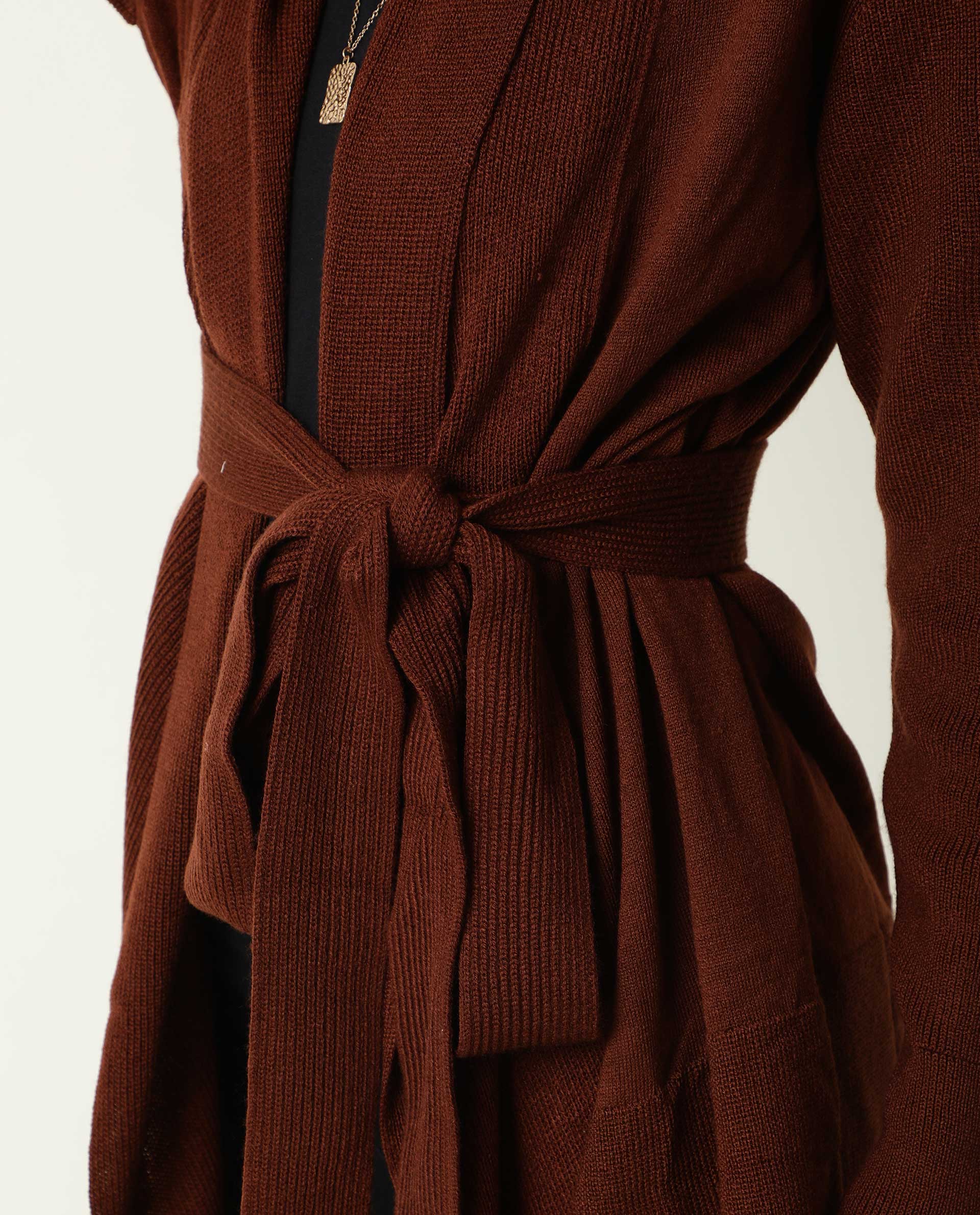 Rareism Women's Flap Brown Acrylic Collarless Plain Knee Length Regular Fit Sweater - Image 4