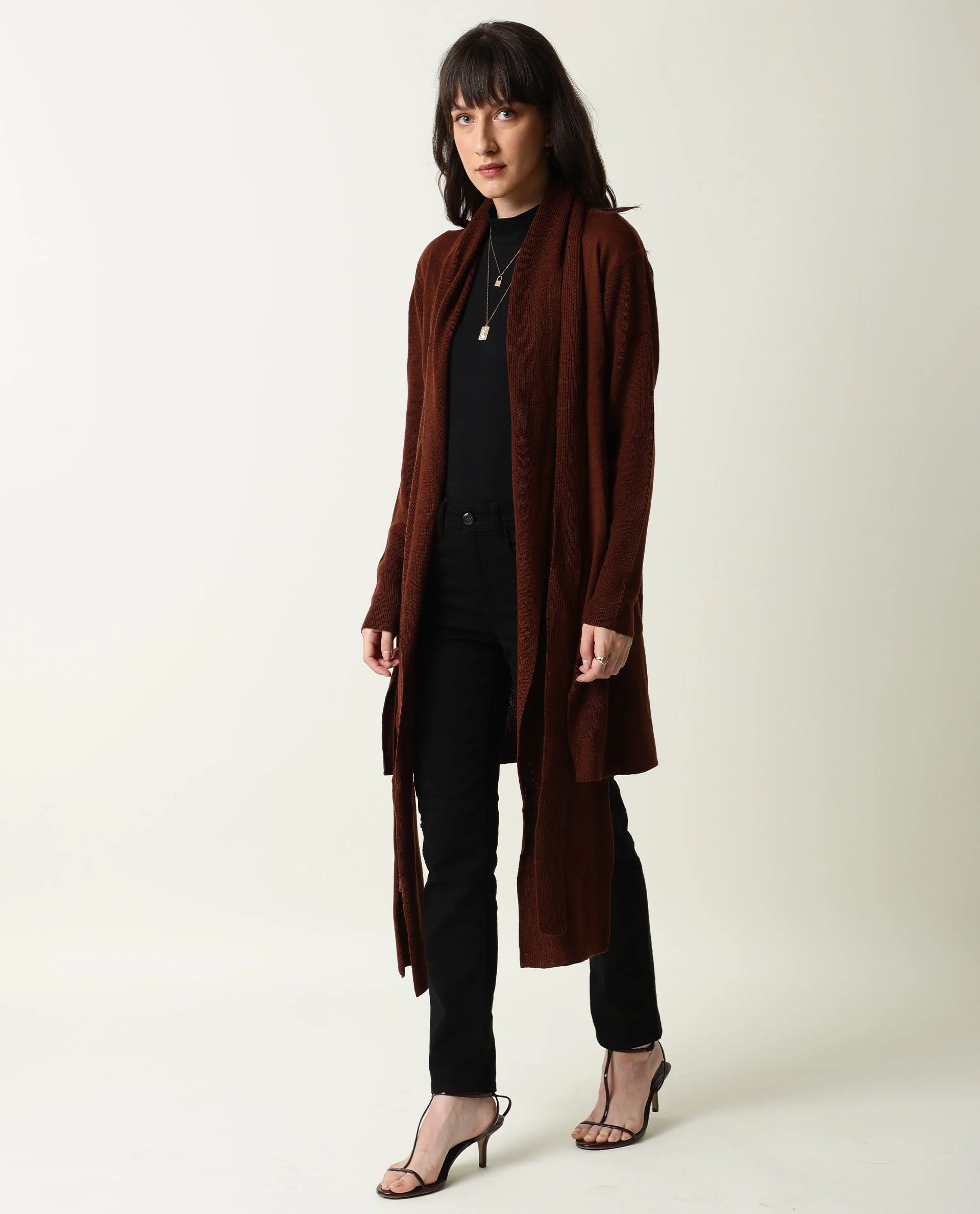 Rareism Women's Flap Brown Acrylic Collarless Plain Knee Length Regular Fit Sweater - Image 5