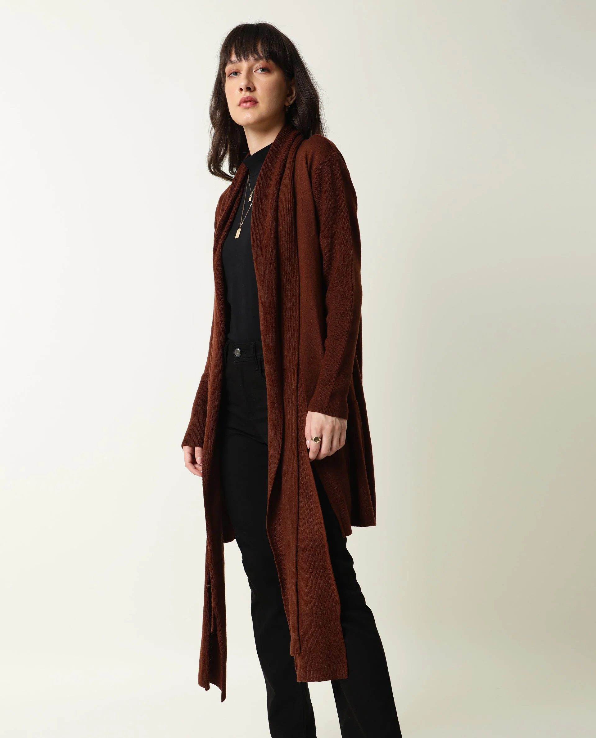 Rareism Women's Flap Brown Acrylic Collarless Plain Knee Length Regular Fit Sweater - Image 6