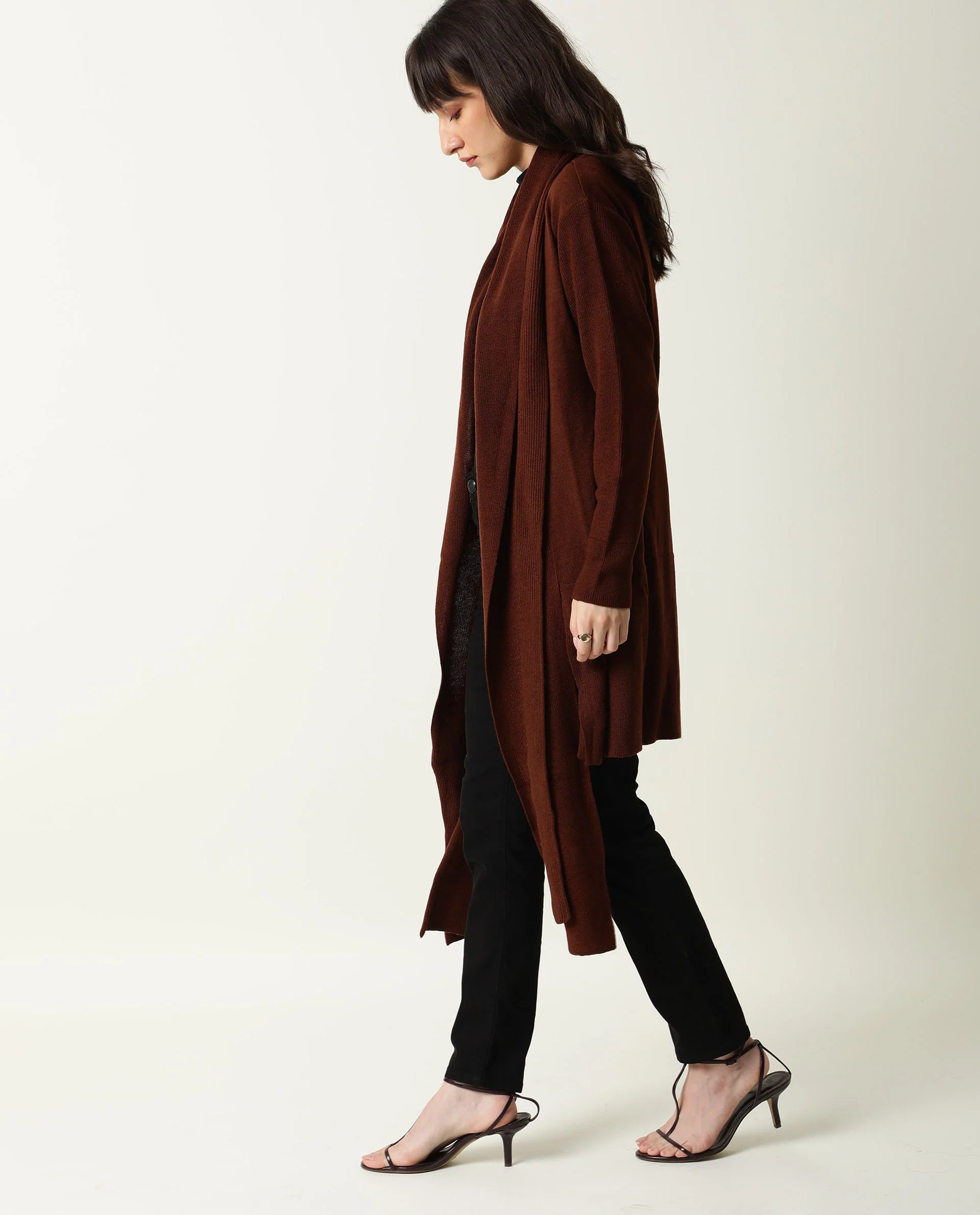 Rareism Women's Flap Brown Acrylic Collarless Plain Knee Length Regular Fit Sweater - Image 7