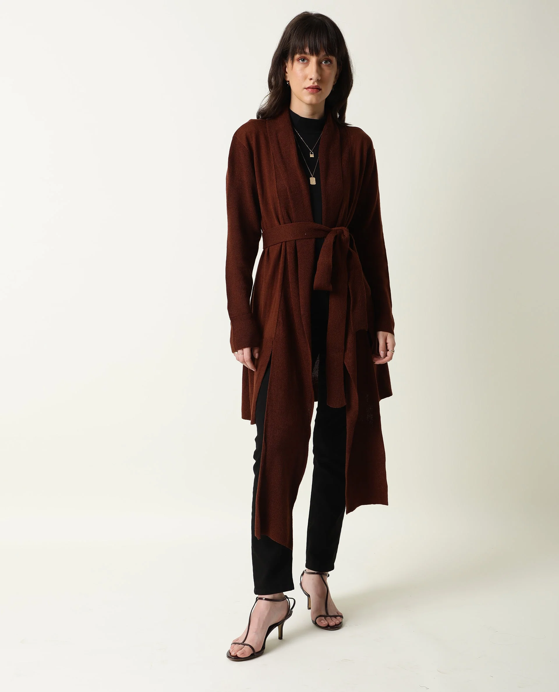 Rareism Women's Flap Brown Acrylic Collarless Plain Knee Length Regular Fit Sweater - Image 8