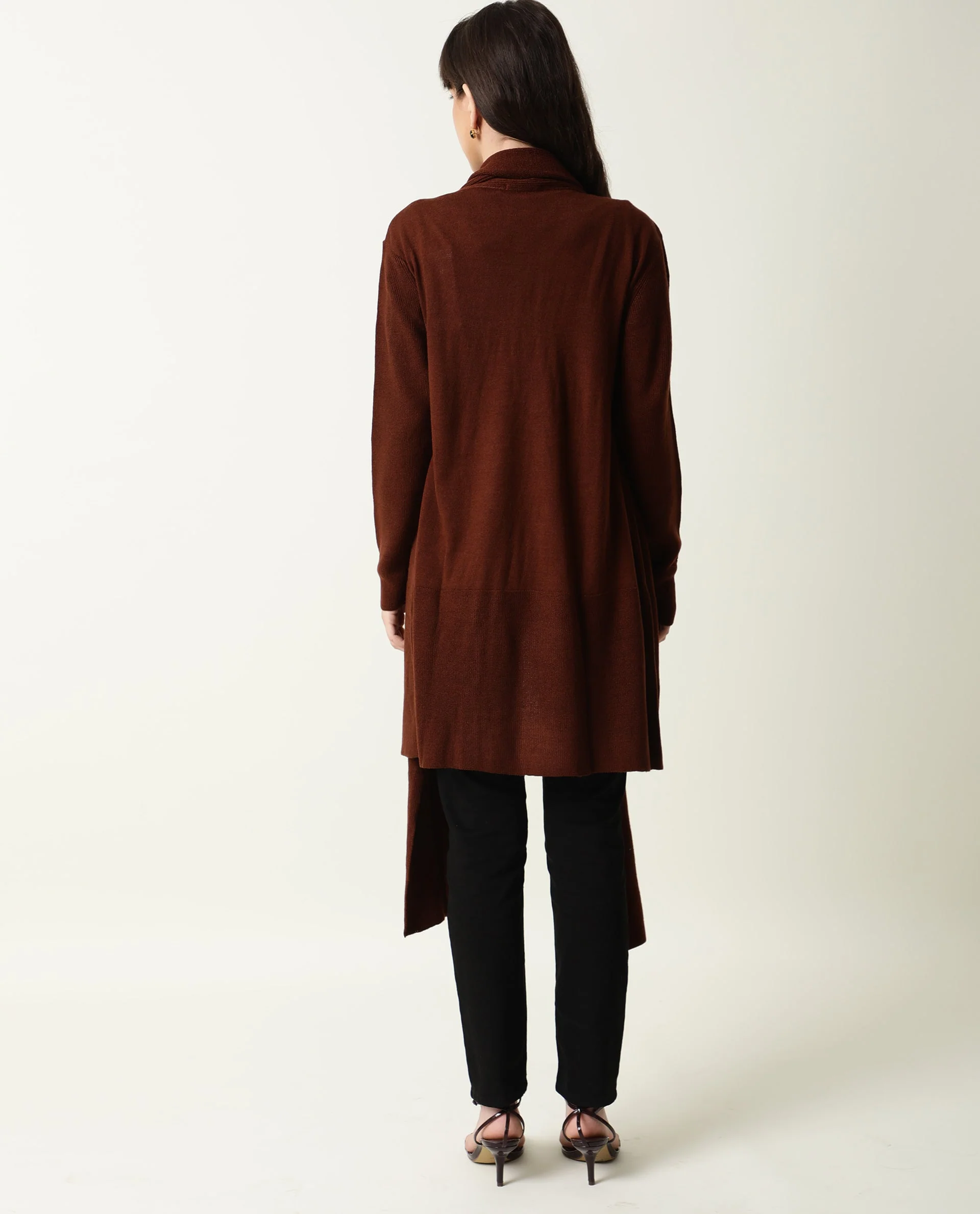 Rareism Women's Flap Brown Acrylic Collarless Plain Knee Length Regular Fit Sweater - Image 9