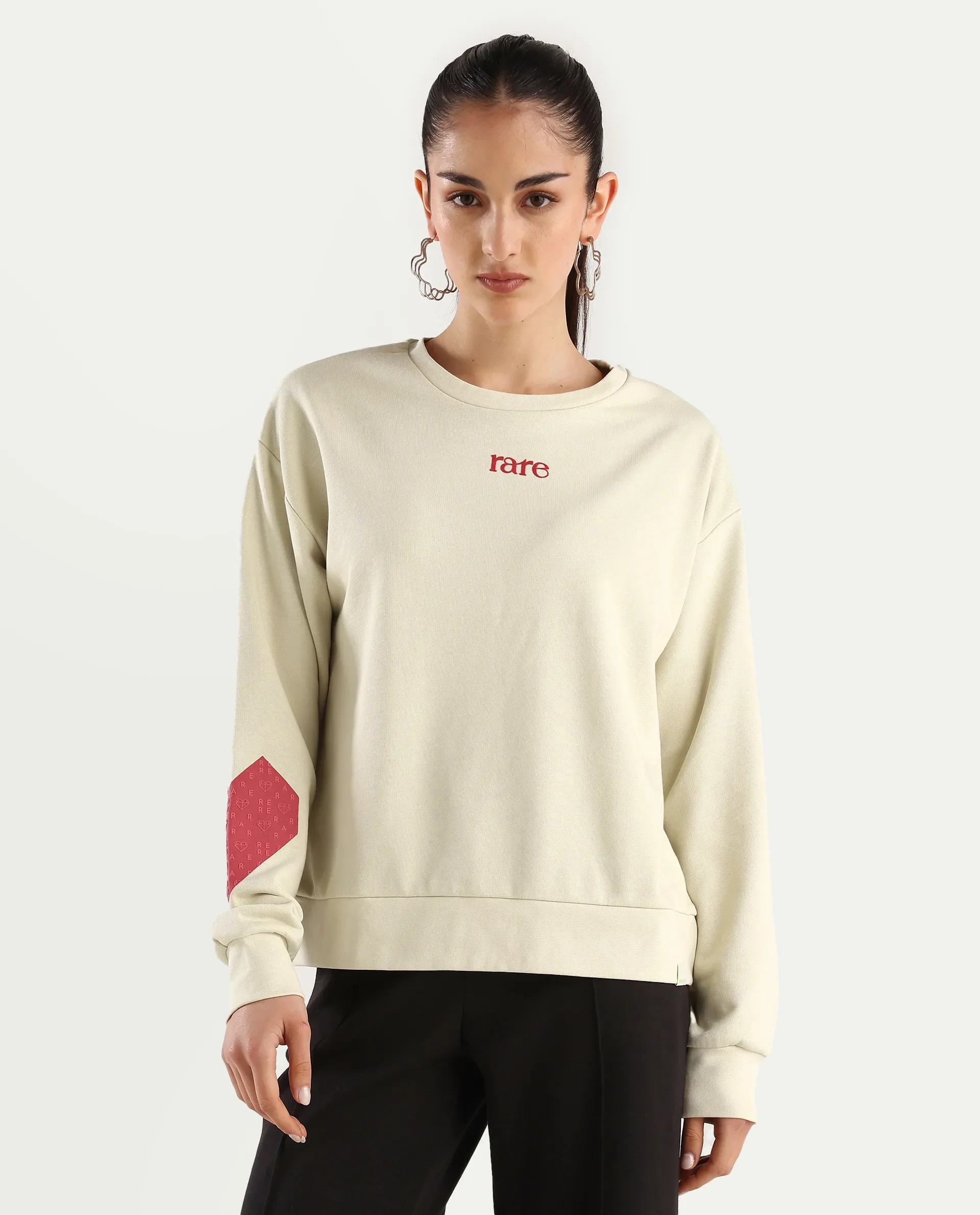 Rareism Women's Flar Light Beige Cotton Blend Crew Neck Graphic Print Relaxed Fit Sweatshirt - Image 3