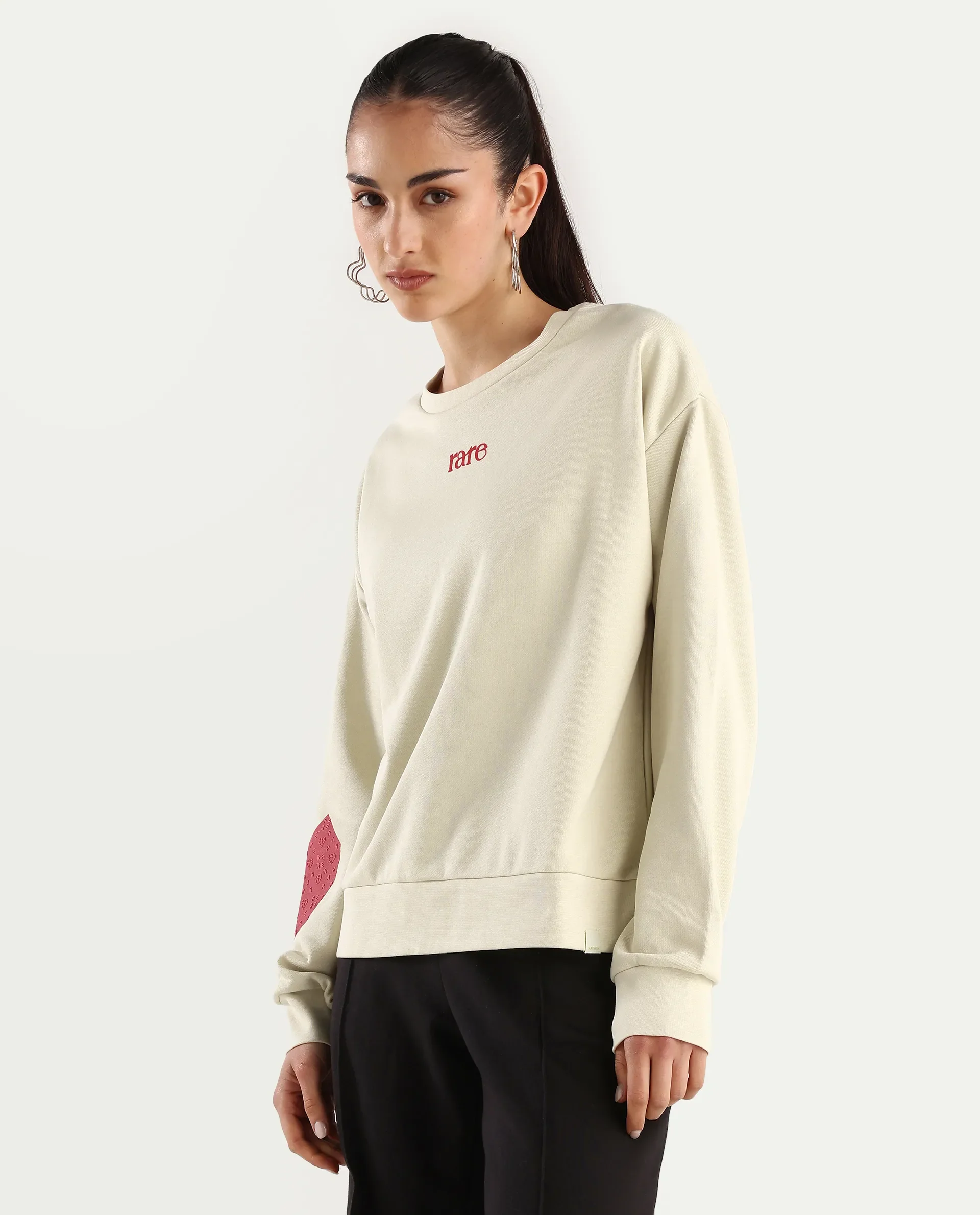 Rareism Women's Flar Light Beige Cotton Blend Crew Neck Graphic Print Relaxed Fit Sweatshirt - Image 5