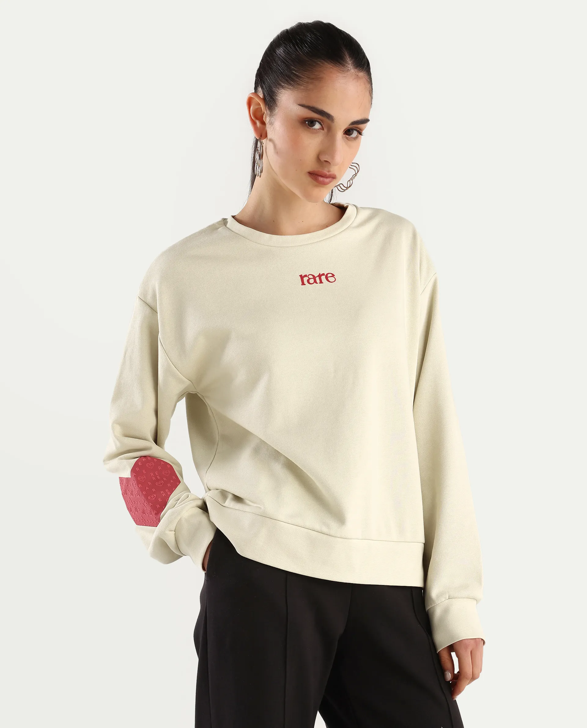 Rareism Women's Flar Light Beige Cotton Blend Crew Neck Graphic Print Relaxed Fit Sweatshirt - Image 6