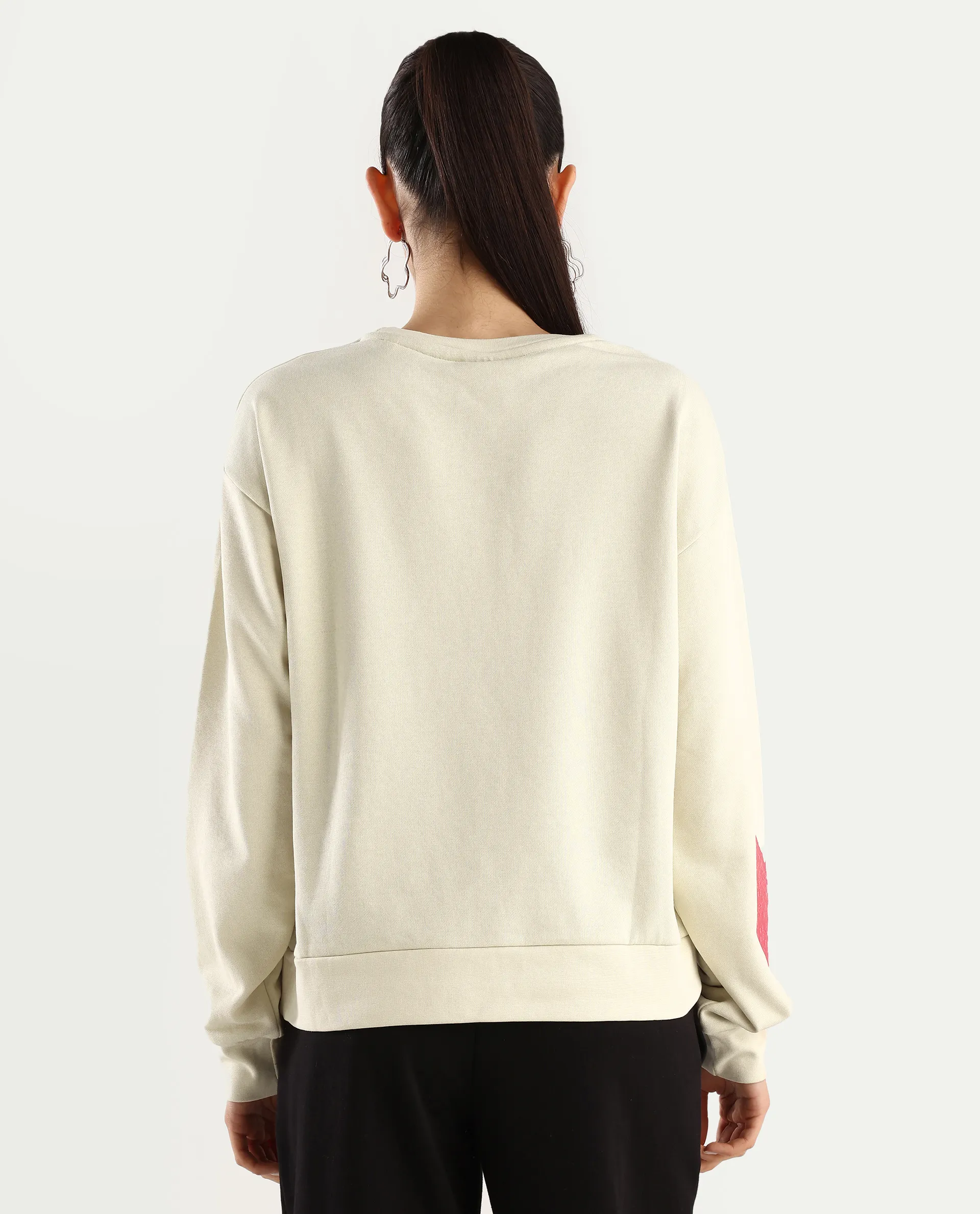 Rareism Women's Flar Light Beige Cotton Blend Crew Neck Graphic Print Relaxed Fit Sweatshirt - Image 7