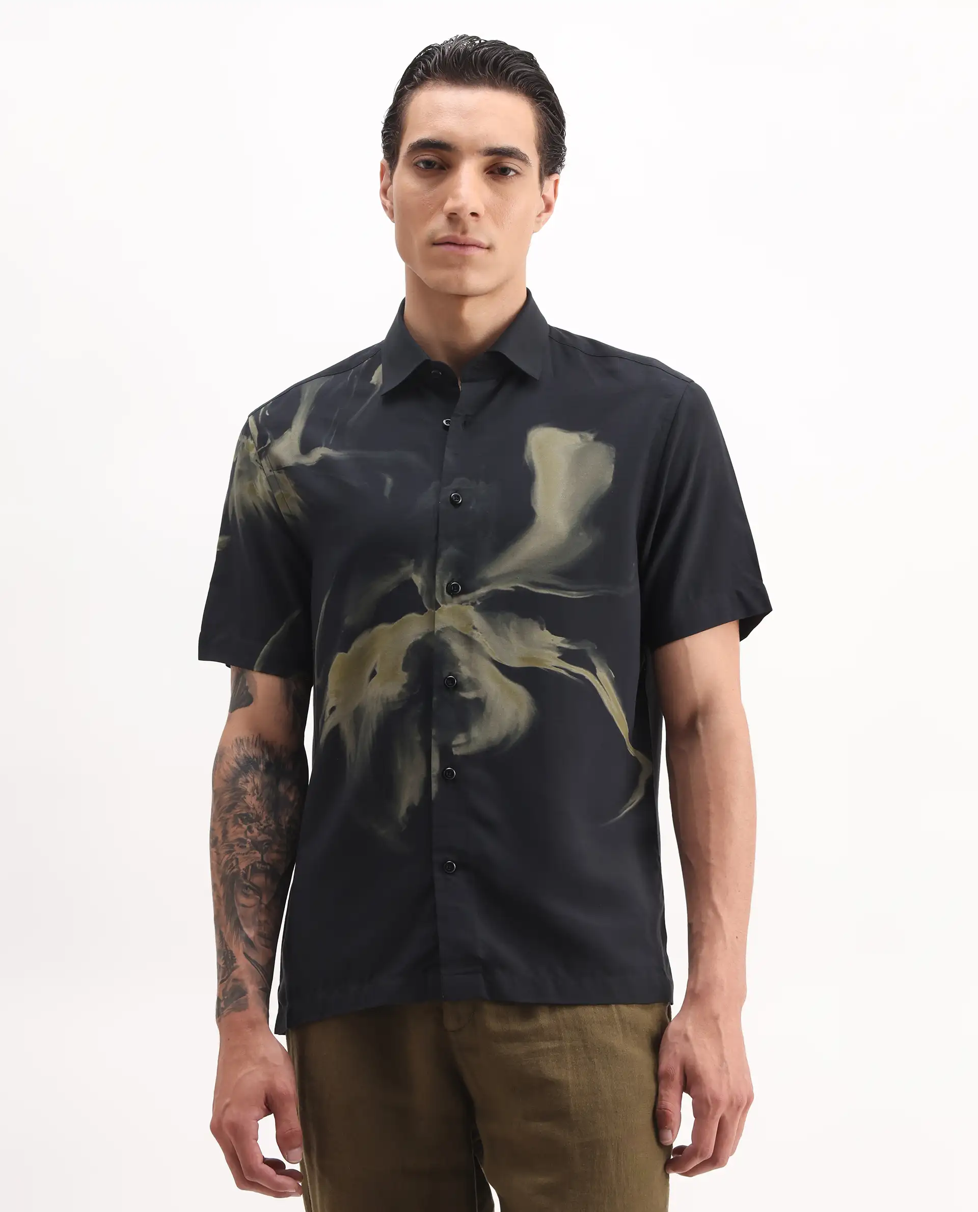 Rare Rabbit Men's Flara Black Viscose Floral Print Regular Fit Half Sleeve Collared Shirt - Image 4