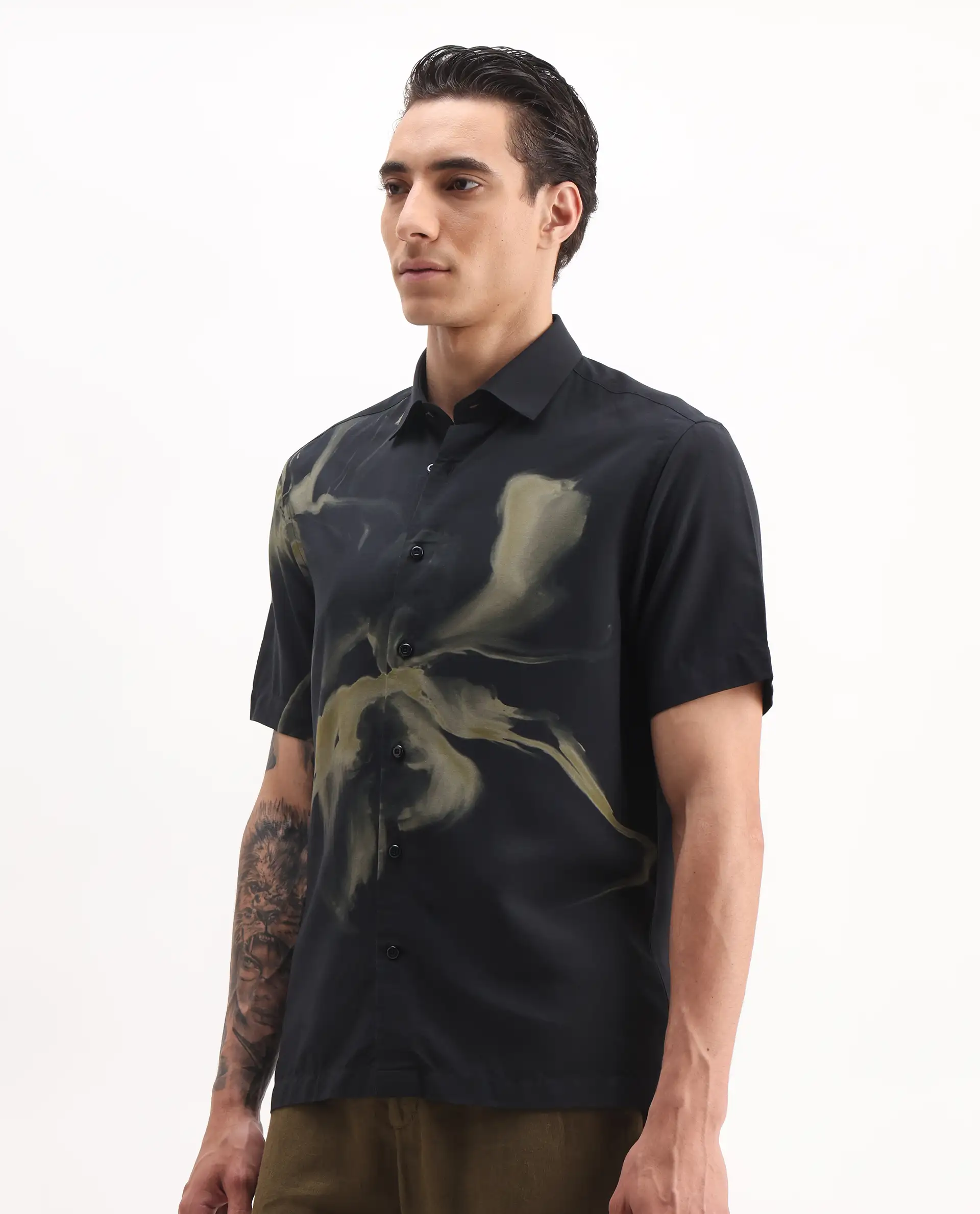 Rare Rabbit Men's Flara Black Viscose Floral Print Regular Fit Half Sleeve Collared Shirt - Image 5