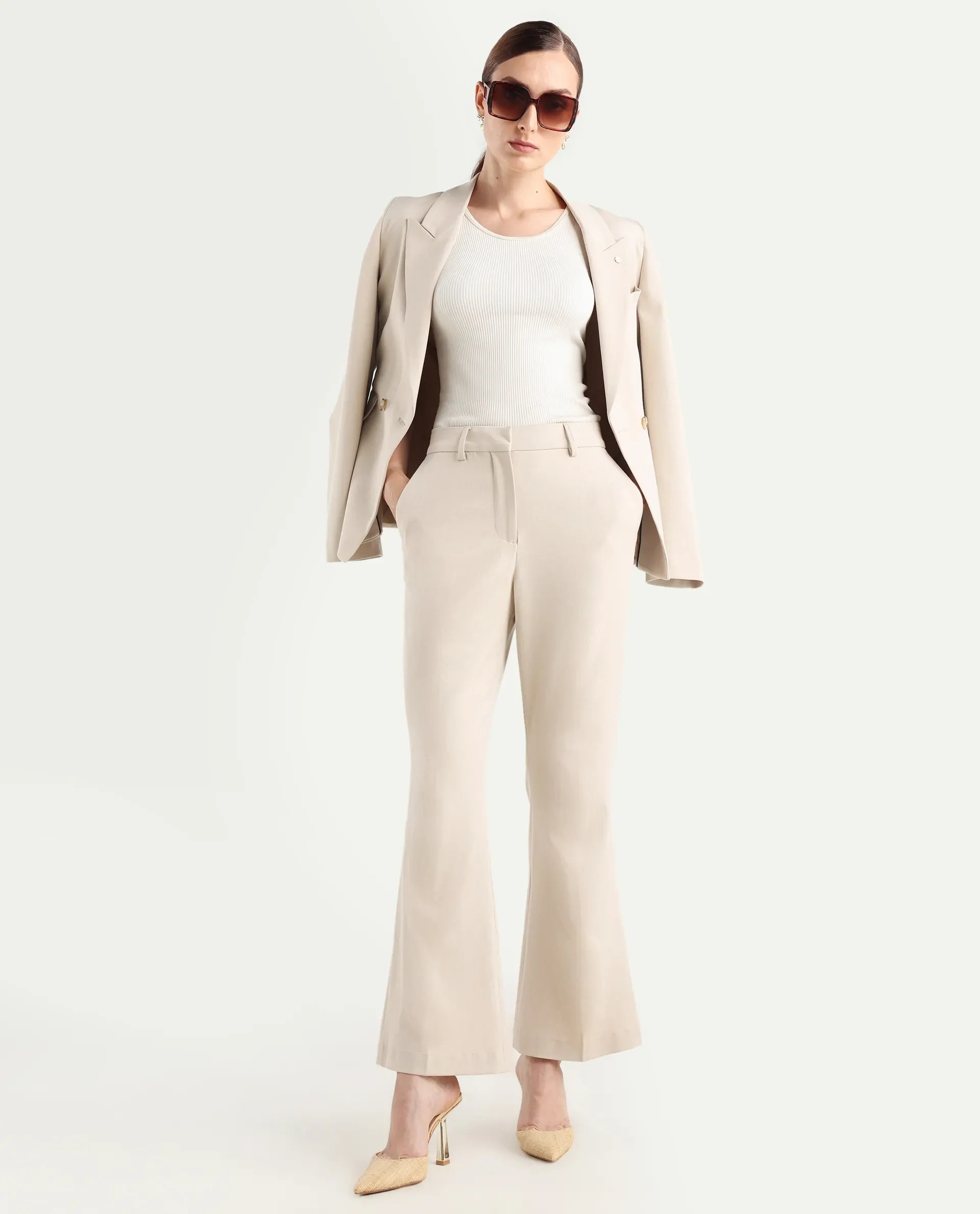 Rareism Women's Flare Beige Polyester Blend Bootcut Ankle Length Plain Travel Trouser - Image 2