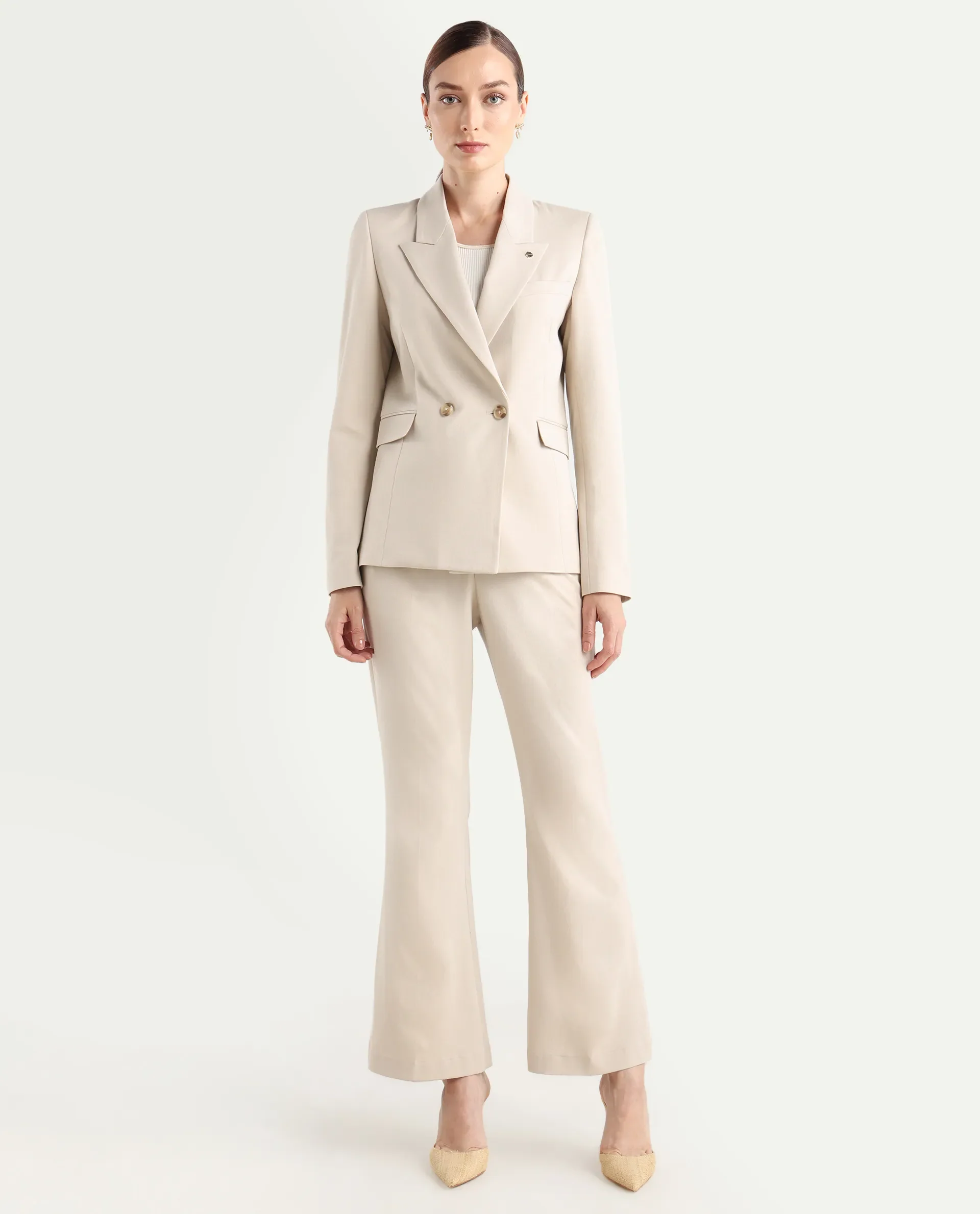 Rareism Women's Flare Beige Polyester Blend Bootcut Ankle Length Plain Travel Trouser - Image 3