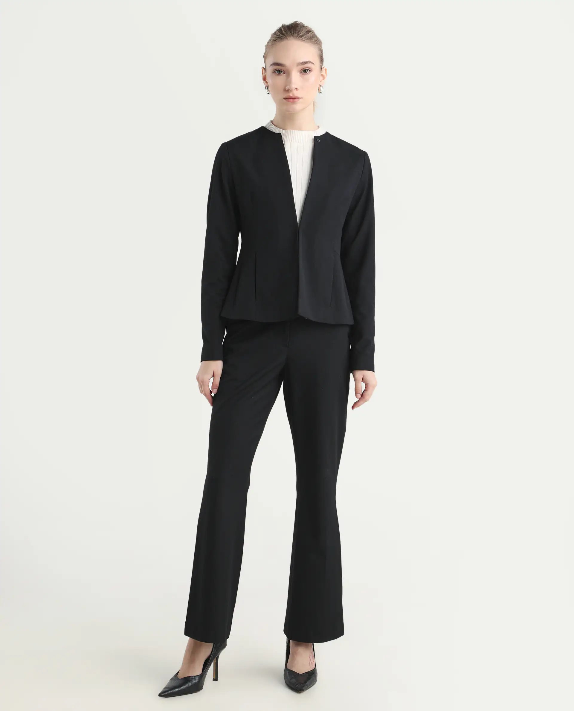 Rareism Women's Flare Black Polyester Blend Bootcut Ankle Length Plain Travel Trouser