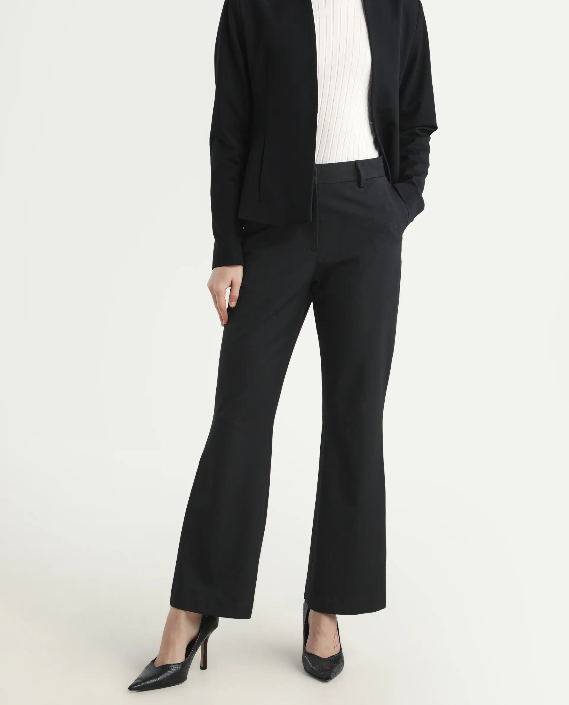 Rareism Women's Flare Black Polyester Blend Bootcut Ankle Length Plain Travel Trouser - Image 2