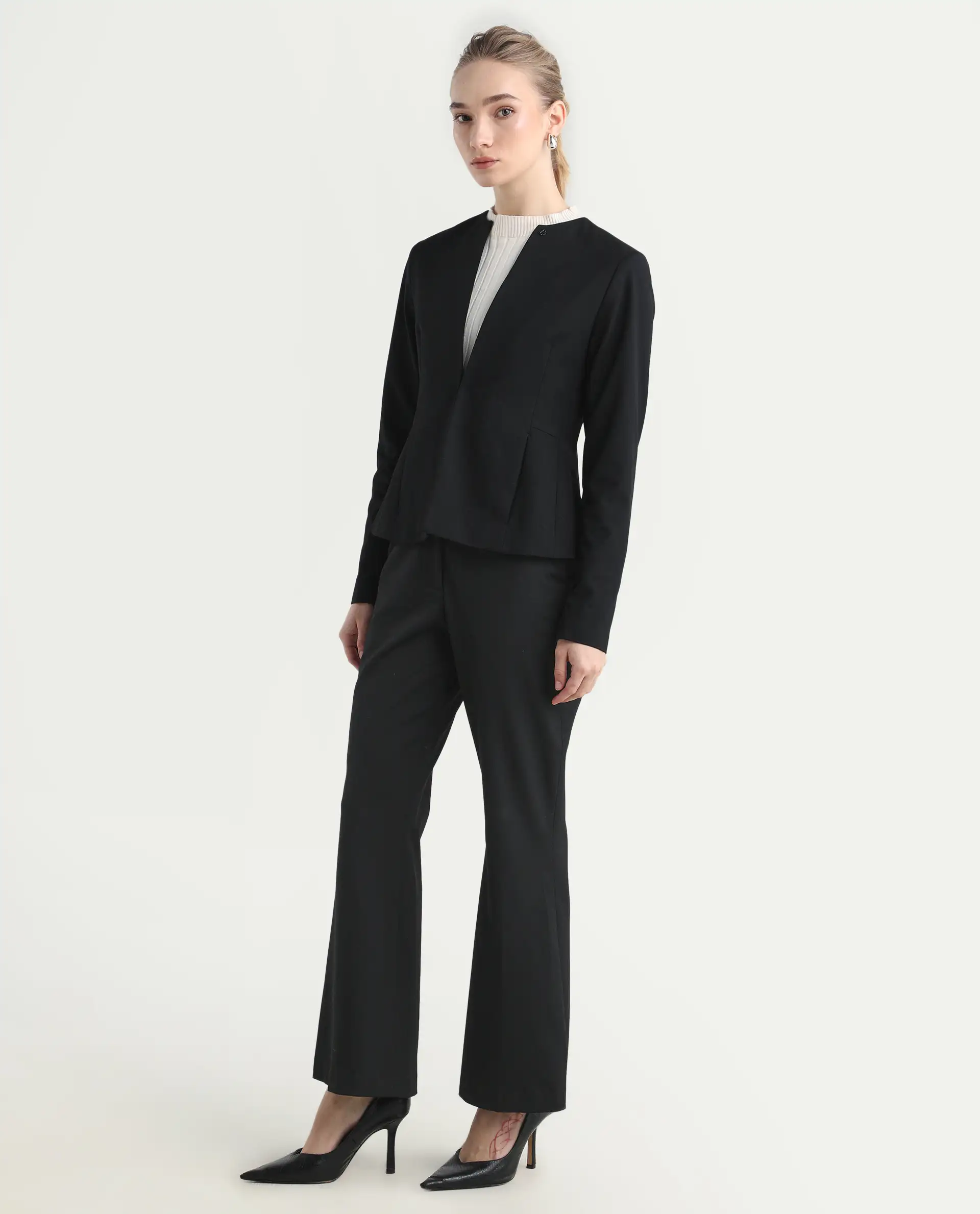 Rareism Women's Flare Black Polyester Blend Bootcut Ankle Length Plain Travel Trouser - Image 4