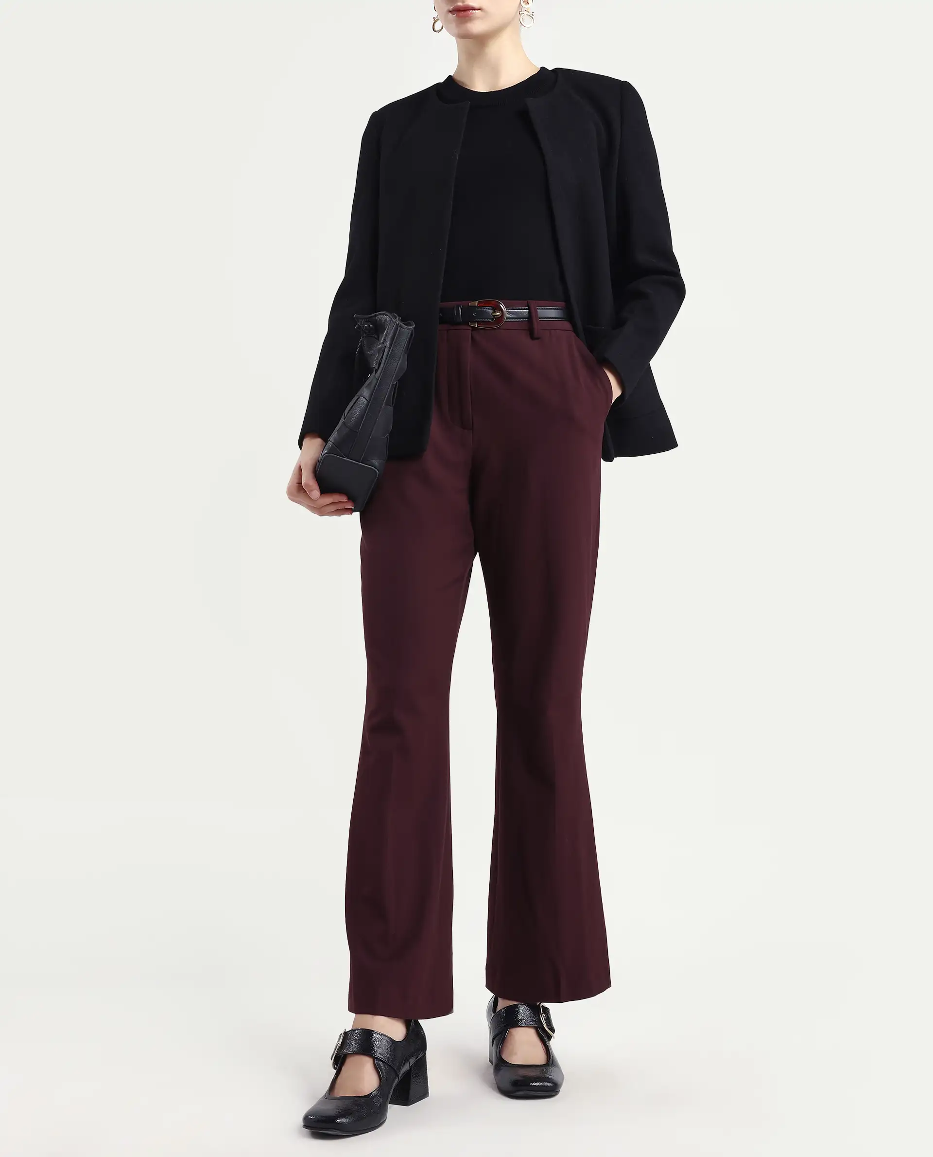 Rareism Women's Flare Deep Red Polyester Blend Bootcut Ankle Length Plain Travel Trouser - Image 2