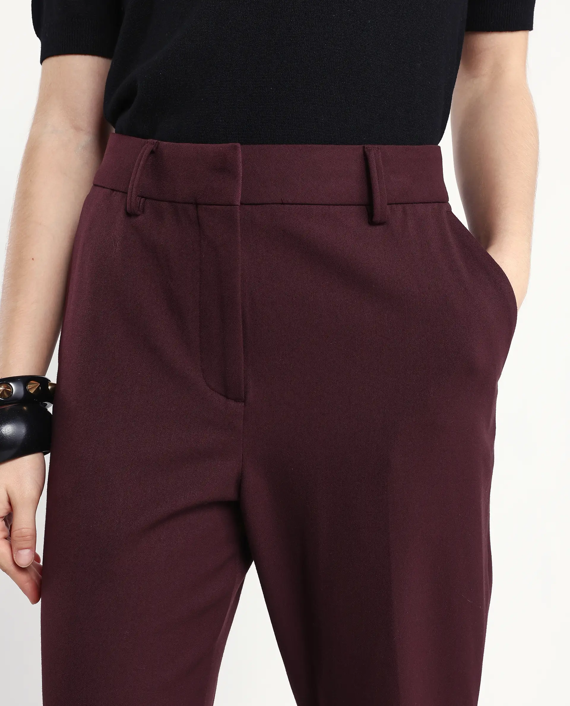 Rareism Women's Flare Deep Red Polyester Blend Bootcut Ankle Length Plain Travel Trouser - Image 3