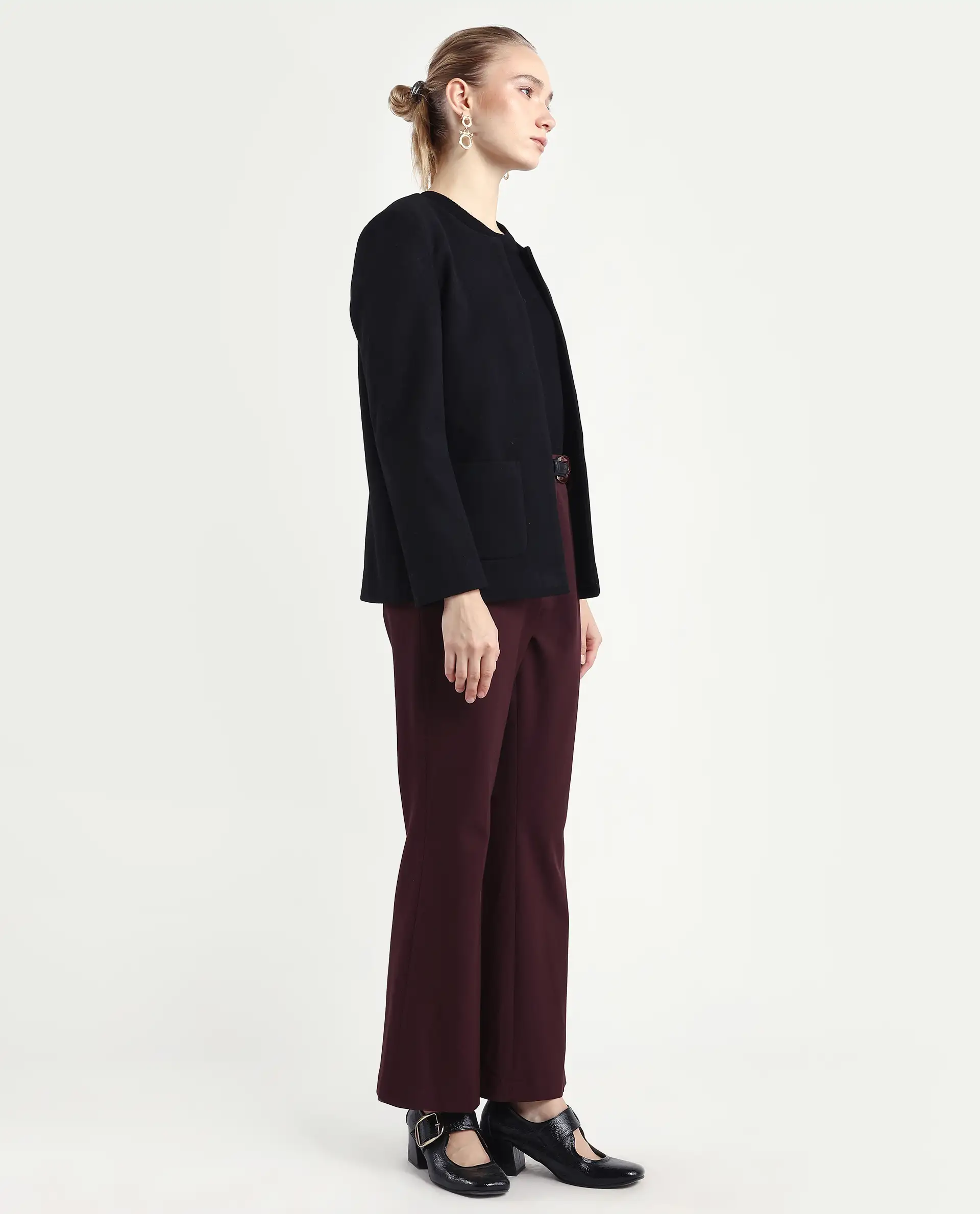 Rareism Women's Flare Deep Red Polyester Blend Bootcut Ankle Length Plain Travel Trouser - Image 5