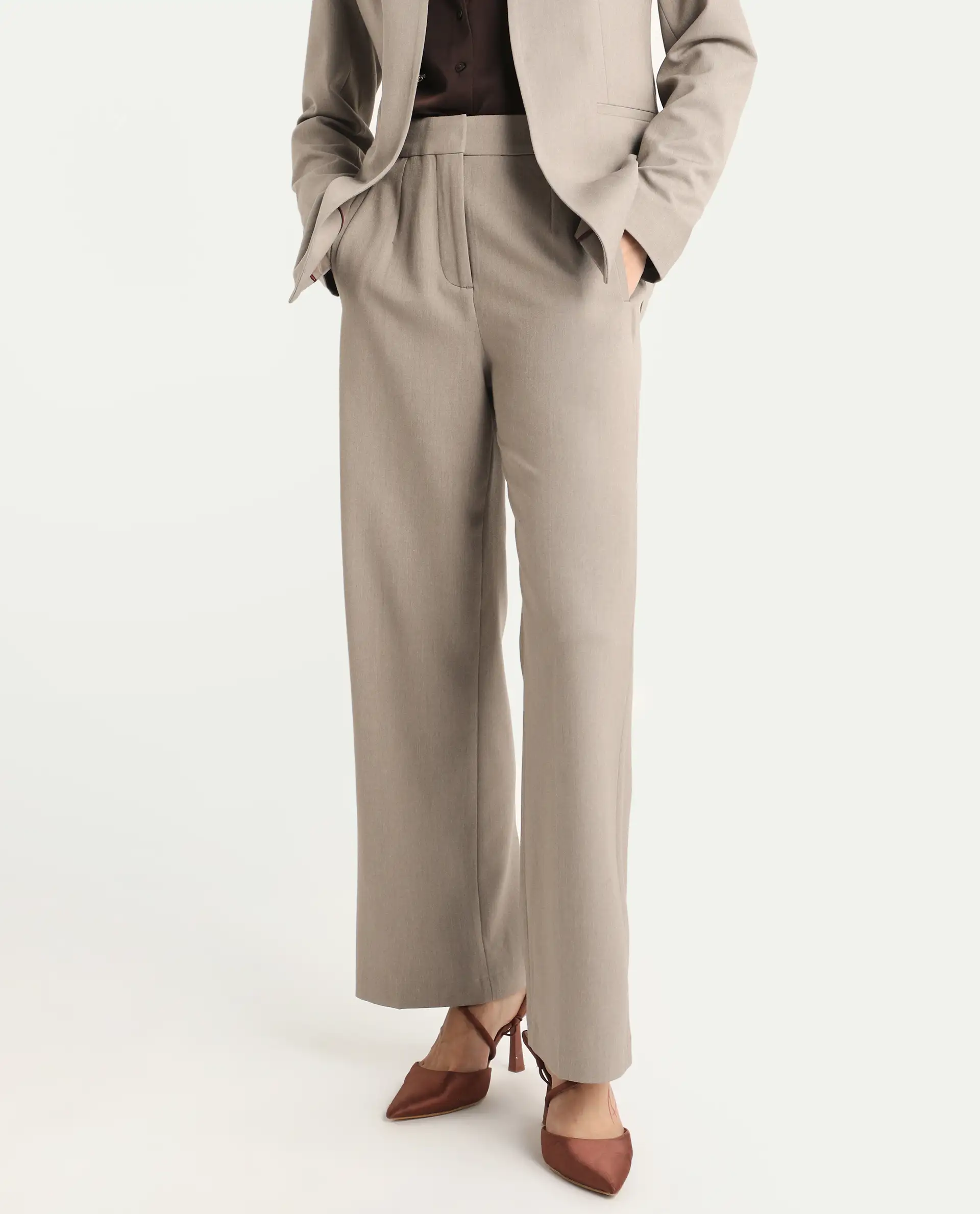 Rareism Women's Flare Fawn Polyester Blend Bootcut Ankle Length Plain Travel Trouser - Image 2