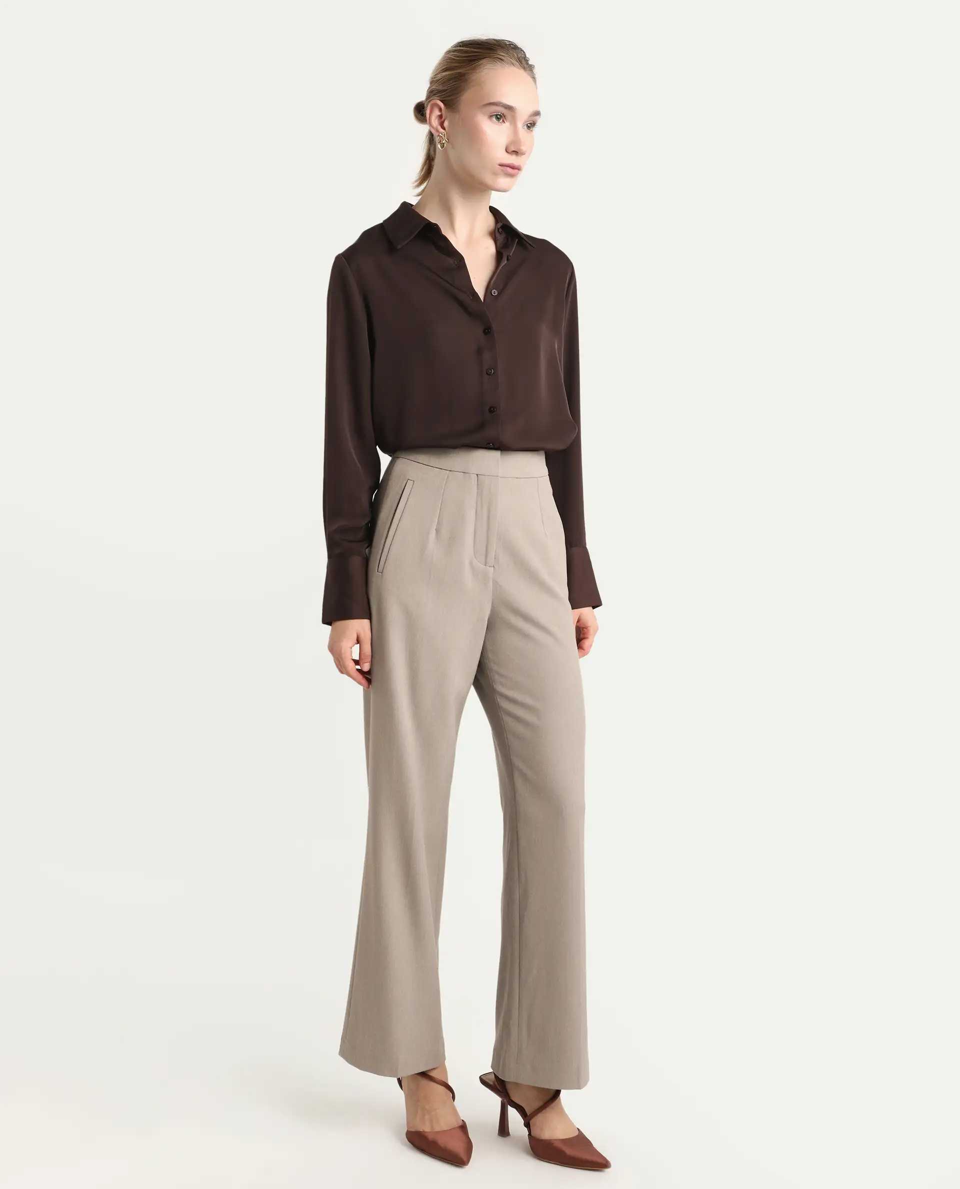 Rareism Women's Flare Fawn Polyester Blend Bootcut Ankle Length Plain Travel Trouser - Image 4