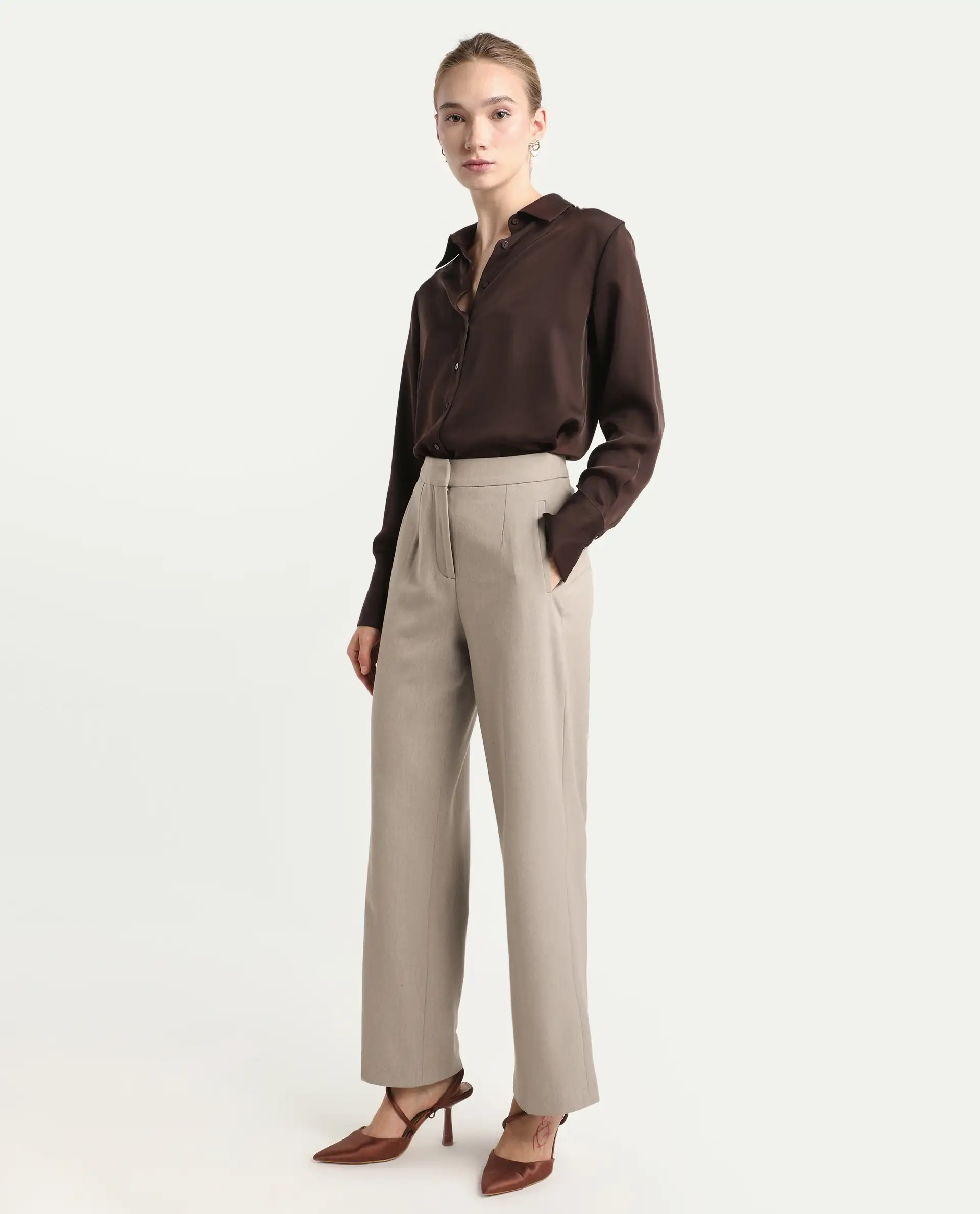 Rareism Women's Flare Fawn Polyester Blend Bootcut Ankle Length Plain Travel Trouser - Image 5