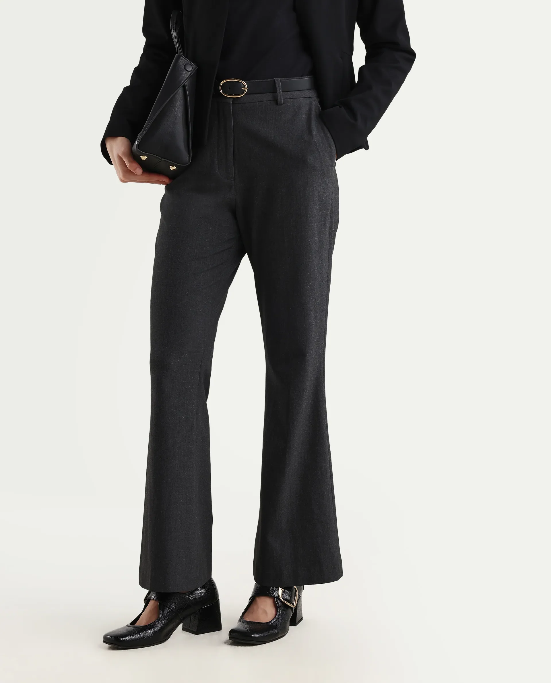 Rareism Women's Flare Grey Polyester Blend Bootcut Ankle Length Plain Travel Trouser - Image 2