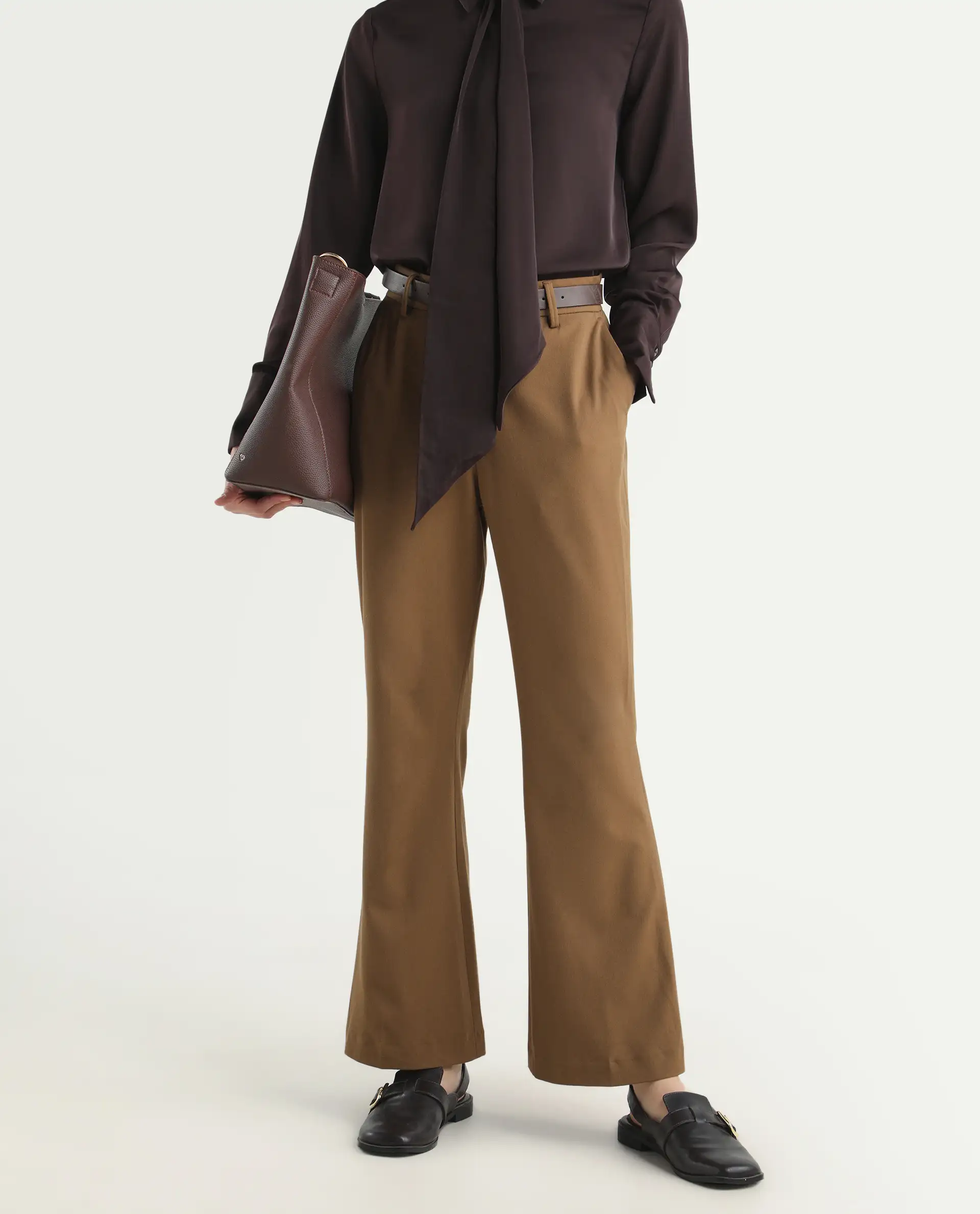 Rareism Women's Flare Light Brown Polyester Blend Bootcut Ankle Length Plain Travel Trouser - Image 2