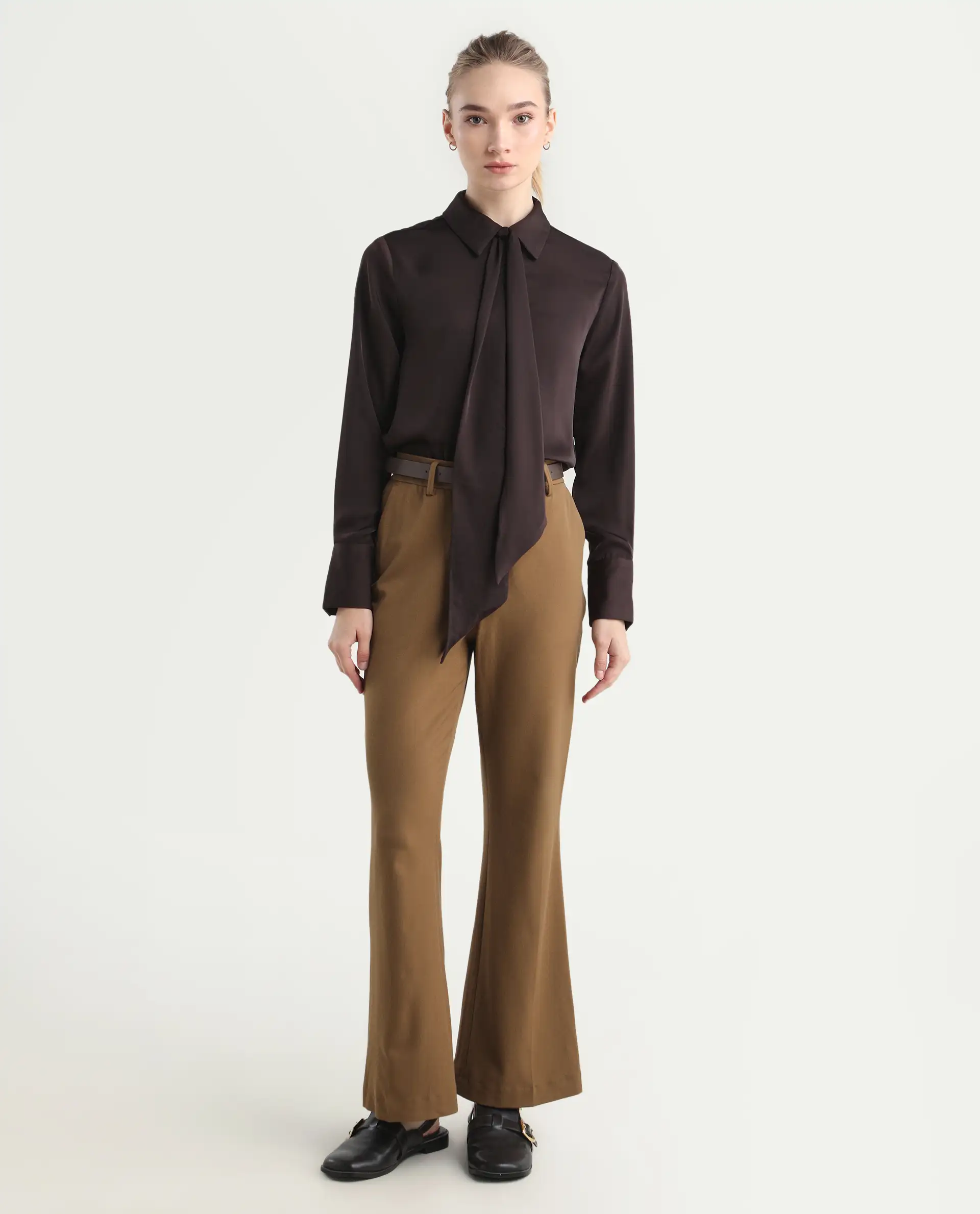 Rareism Women's Flare Light Brown Polyester Blend Bootcut Ankle Length Plain Travel Trouser - Image 3