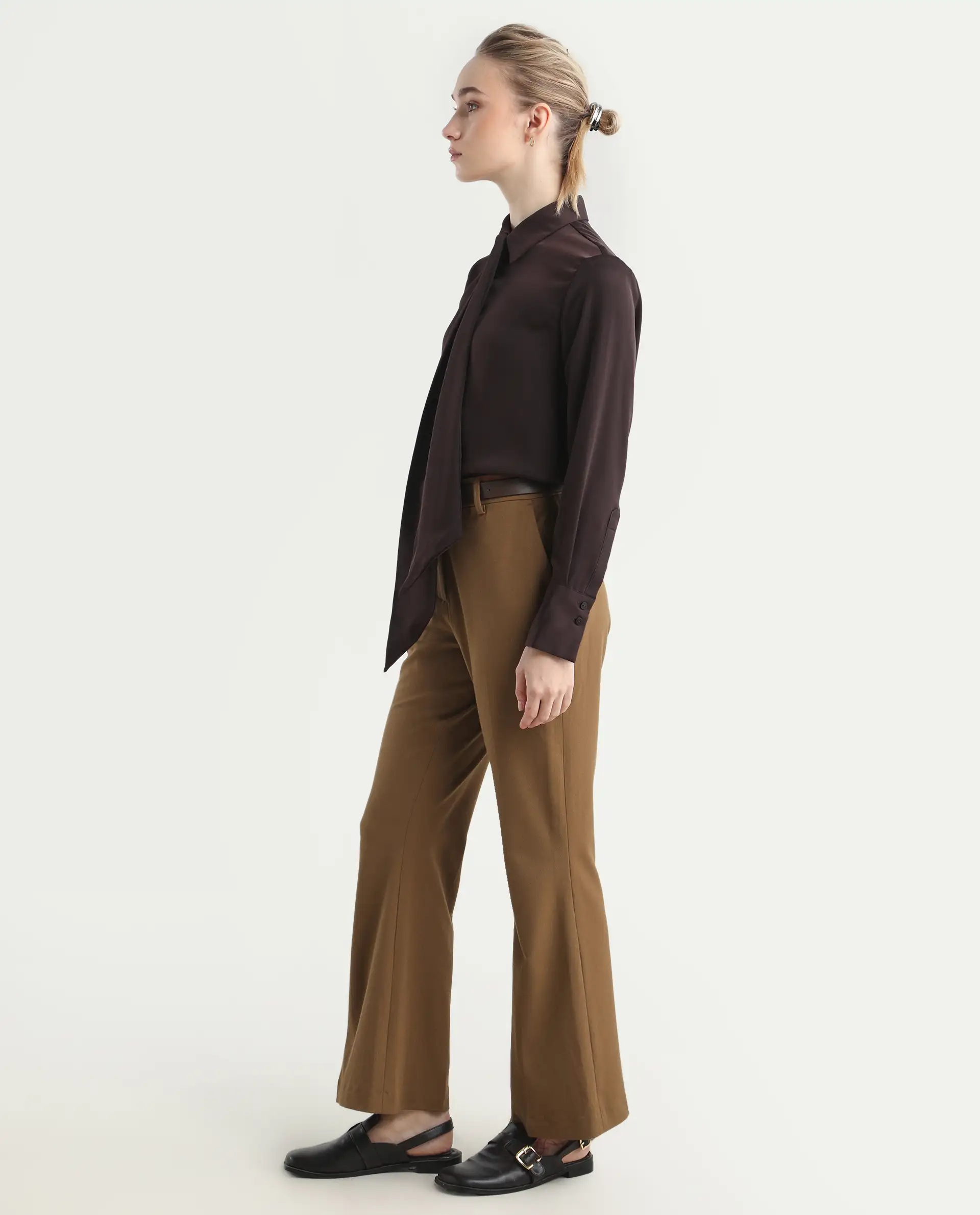 Rareism Women's Flare Light Brown Polyester Blend Bootcut Ankle Length Plain Travel Trouser - Image 5