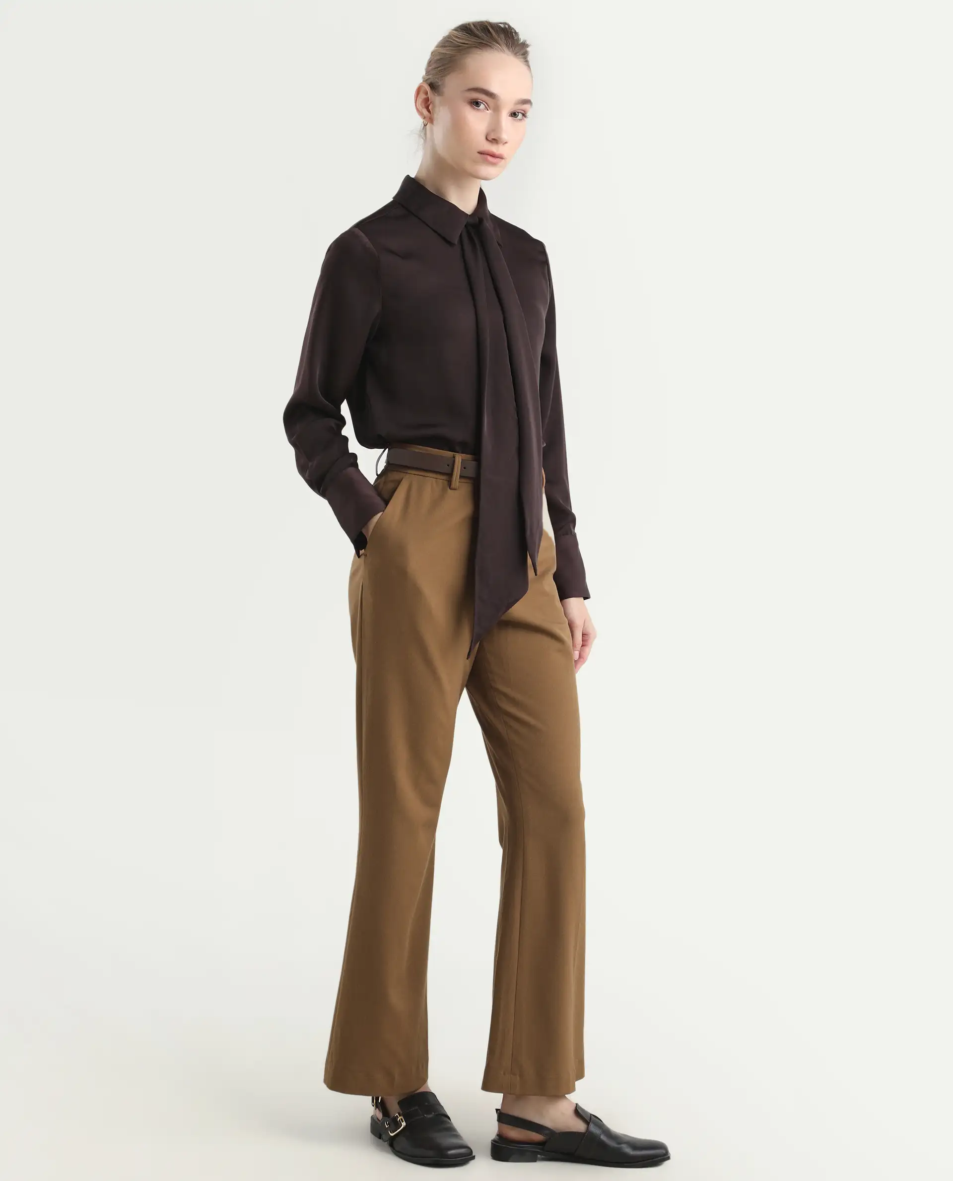 Rareism Women's Flare Light Brown Polyester Blend Bootcut Ankle Length Plain Travel Trouser - Image 6