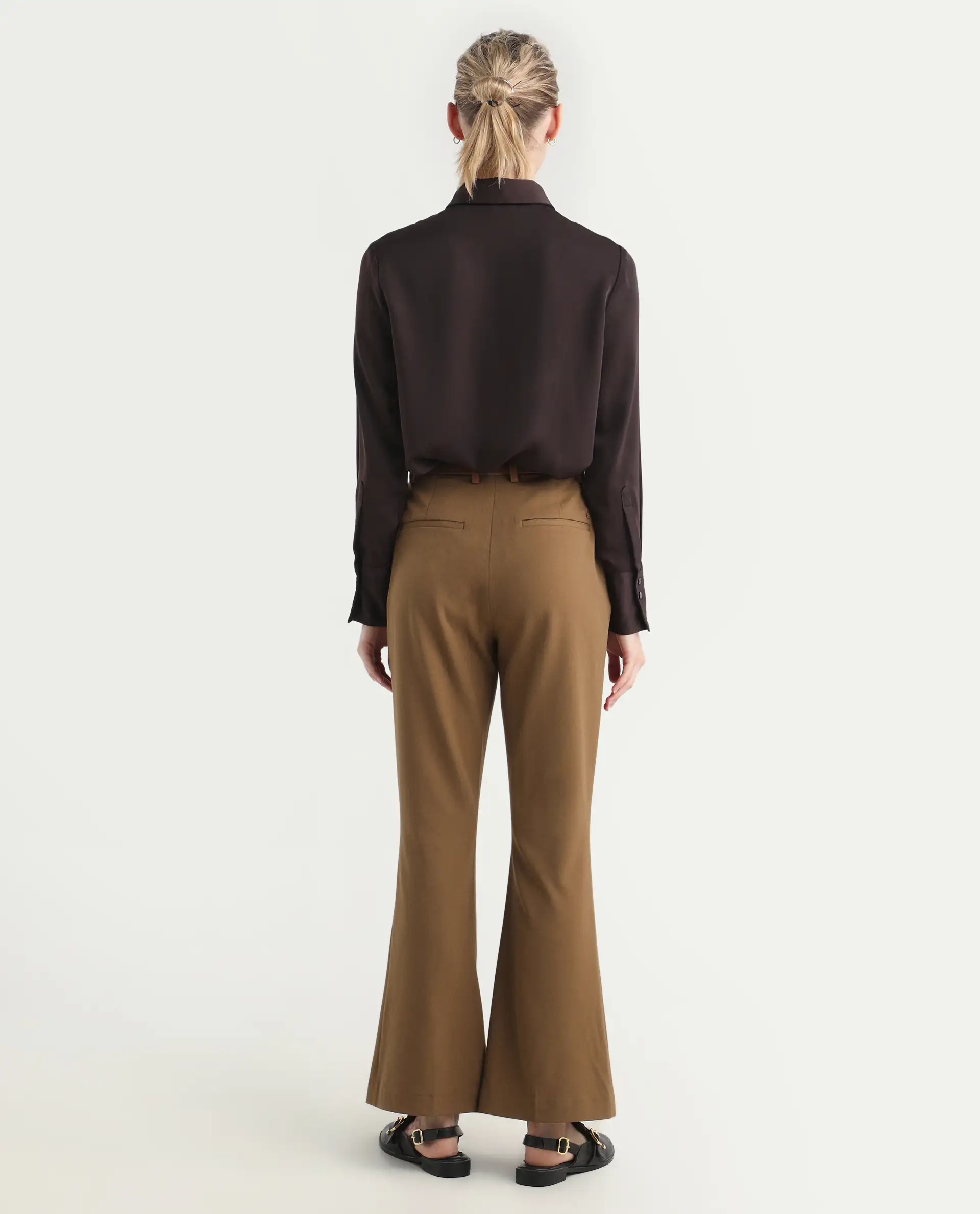 Rareism Women's Flare Light Brown Polyester Blend Bootcut Ankle Length Plain Travel Trouser - Image 7