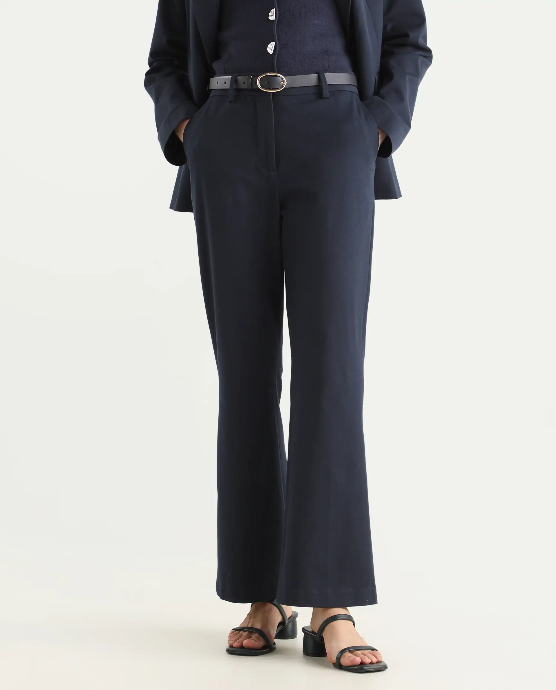 Rareism Women's Flare Navy Polyester Blend Bootcut Ankle Length Plain Travel Trouser - Image 2