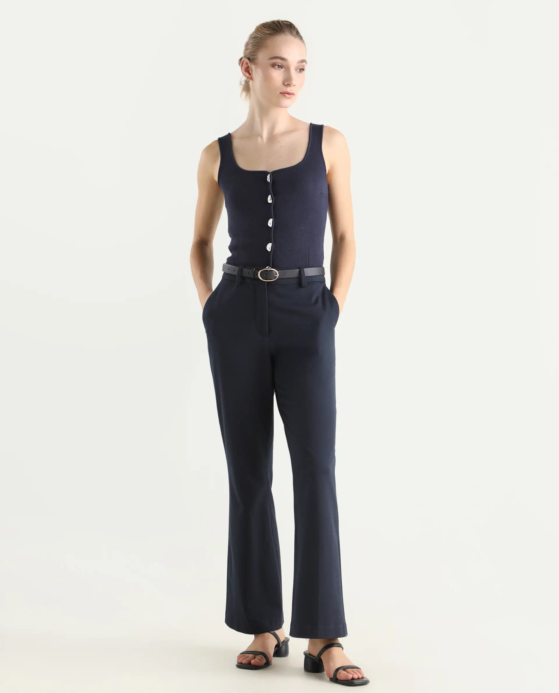 Rareism Women's Flare Navy Polyester Blend Bootcut Ankle Length Plain Travel Trouser - Image 3