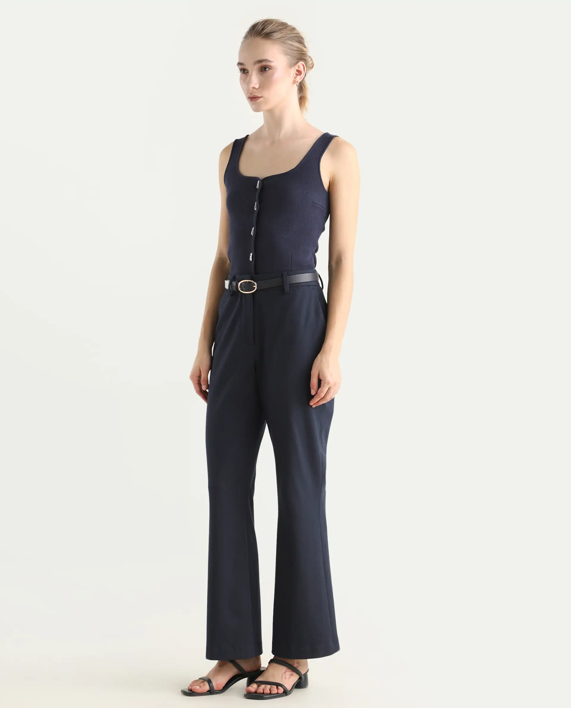 Rareism Women's Flare Navy Polyester Blend Bootcut Ankle Length Plain Travel Trouser - Image 4